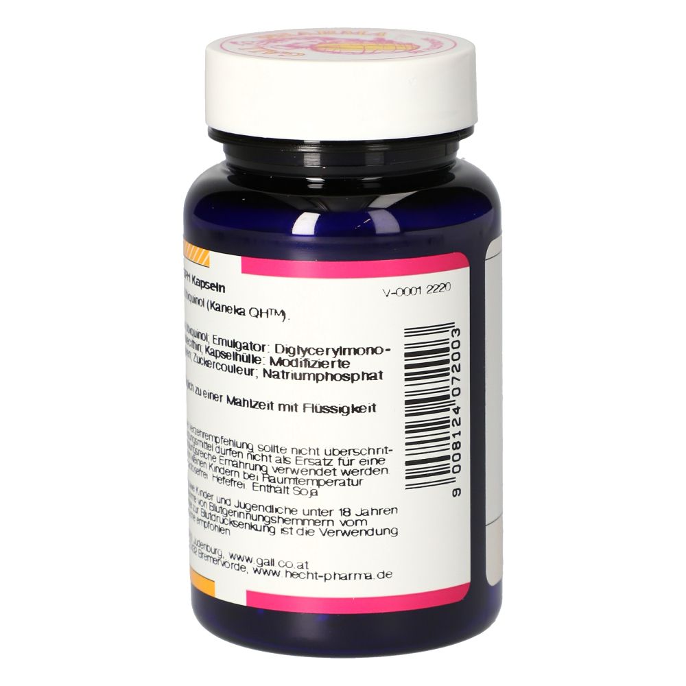 Rückseite der Flasche. Text: Ubiquinol 100 mg GPH Kapseln. Barcode. Weißes Etikett, blauer Flaschenkörper.