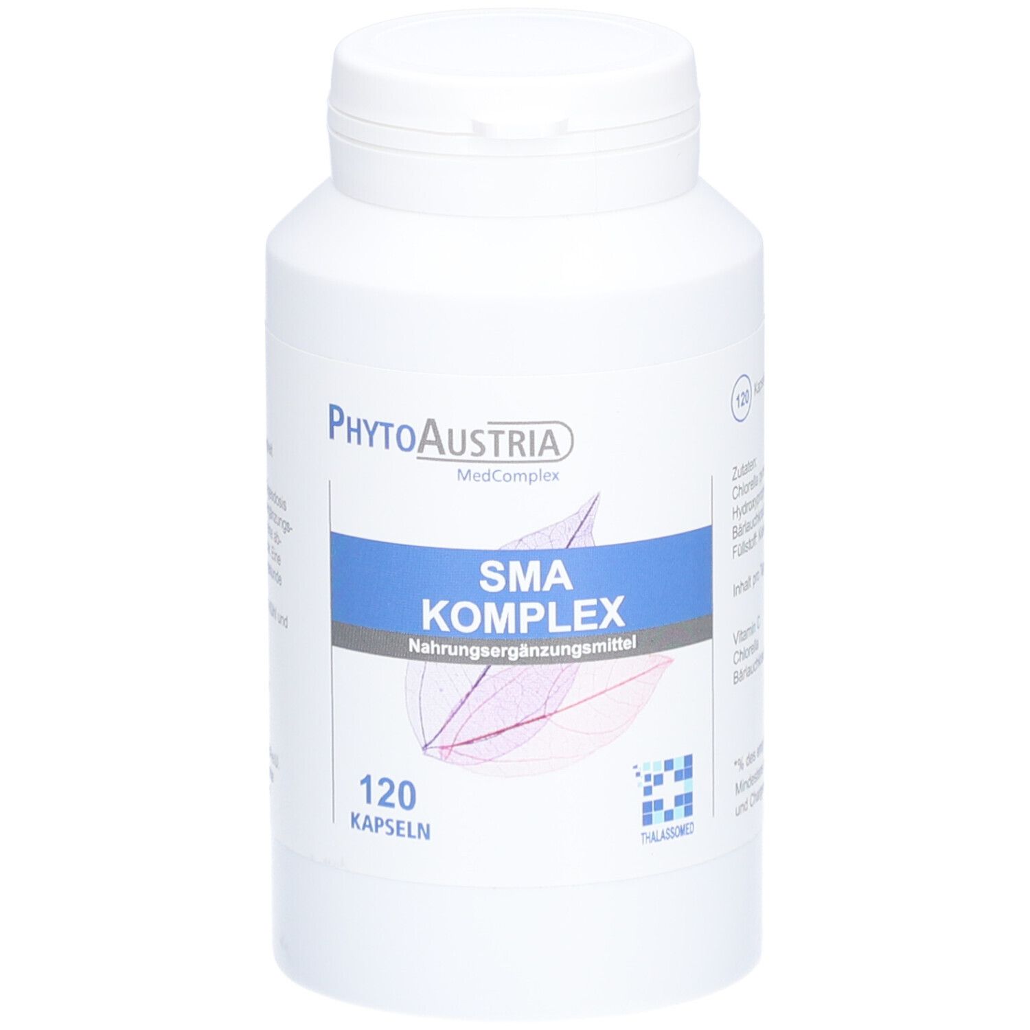 Weiße Flasche mit blauem Etikett. Aufschrift: SMA Komplex, 120 Kapseln. Marke: PhytoAustria.