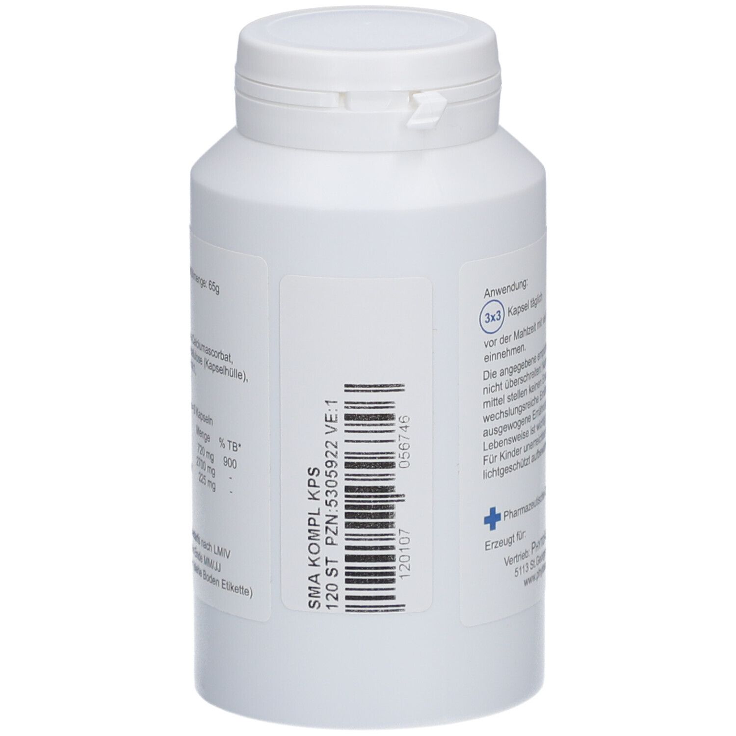 Weiße Flasche, Rückseite mit Etikett. Aufschrift: SMA Komplex, 120 Kapseln. PZN-5305922 VE-1.