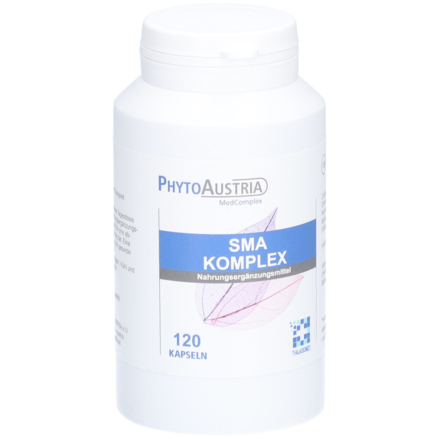Weiße Flasche mit blauem Etikett. Aufschrift: SMA Komplex, 120 Kapseln. Marke: PhytoAustria.