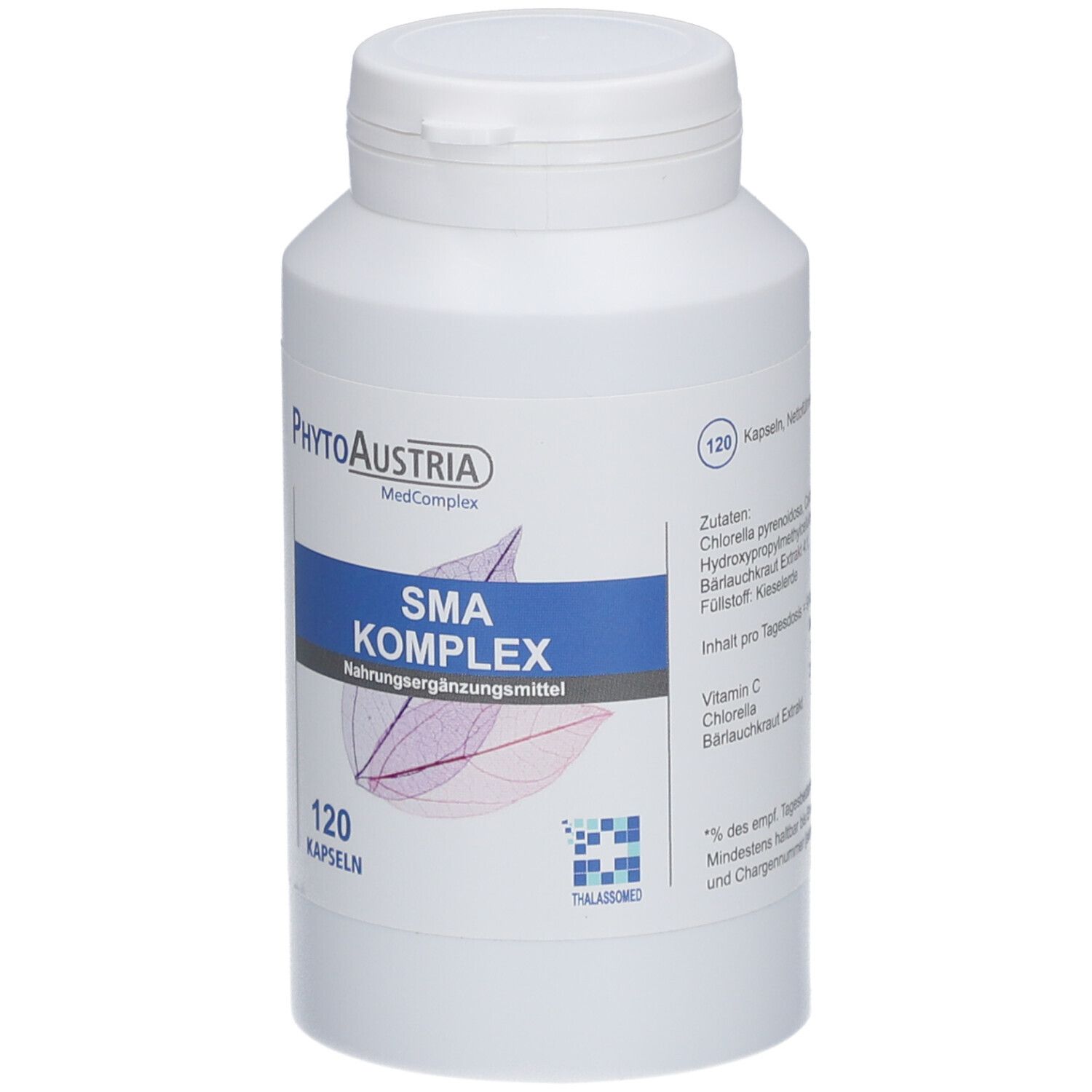 Weiße Flasche mit blauem Etikett. Aufschrift: SMA Komplex, 120 Kapseln. Marke: PhytoAustria. Inhaltsstoffe.