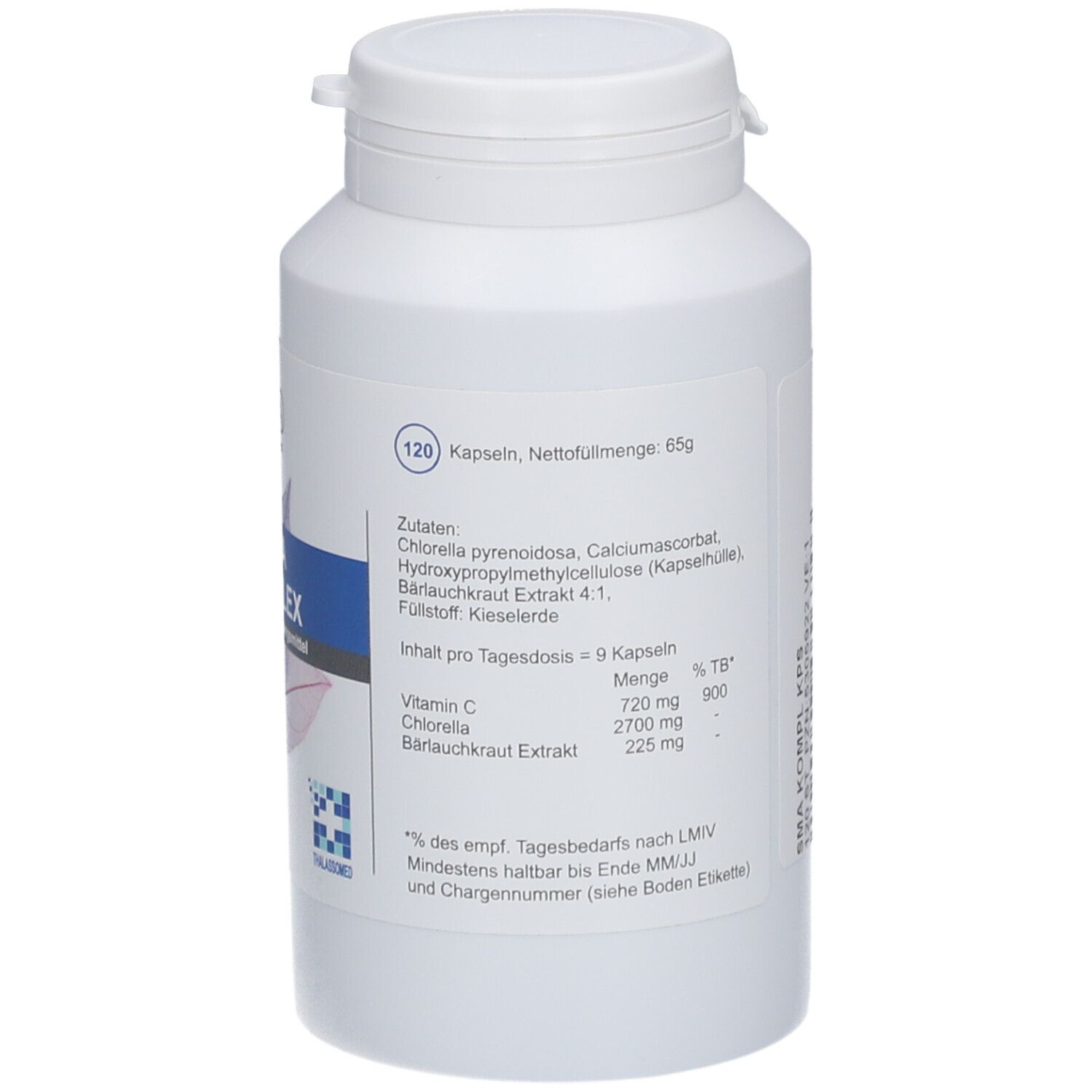 Weiße Flasche, Rückseite mit Etikett. Aufschrift: SMA Komplex, 120 Kapseln. Inhaltsstoffe und Nährwerte.