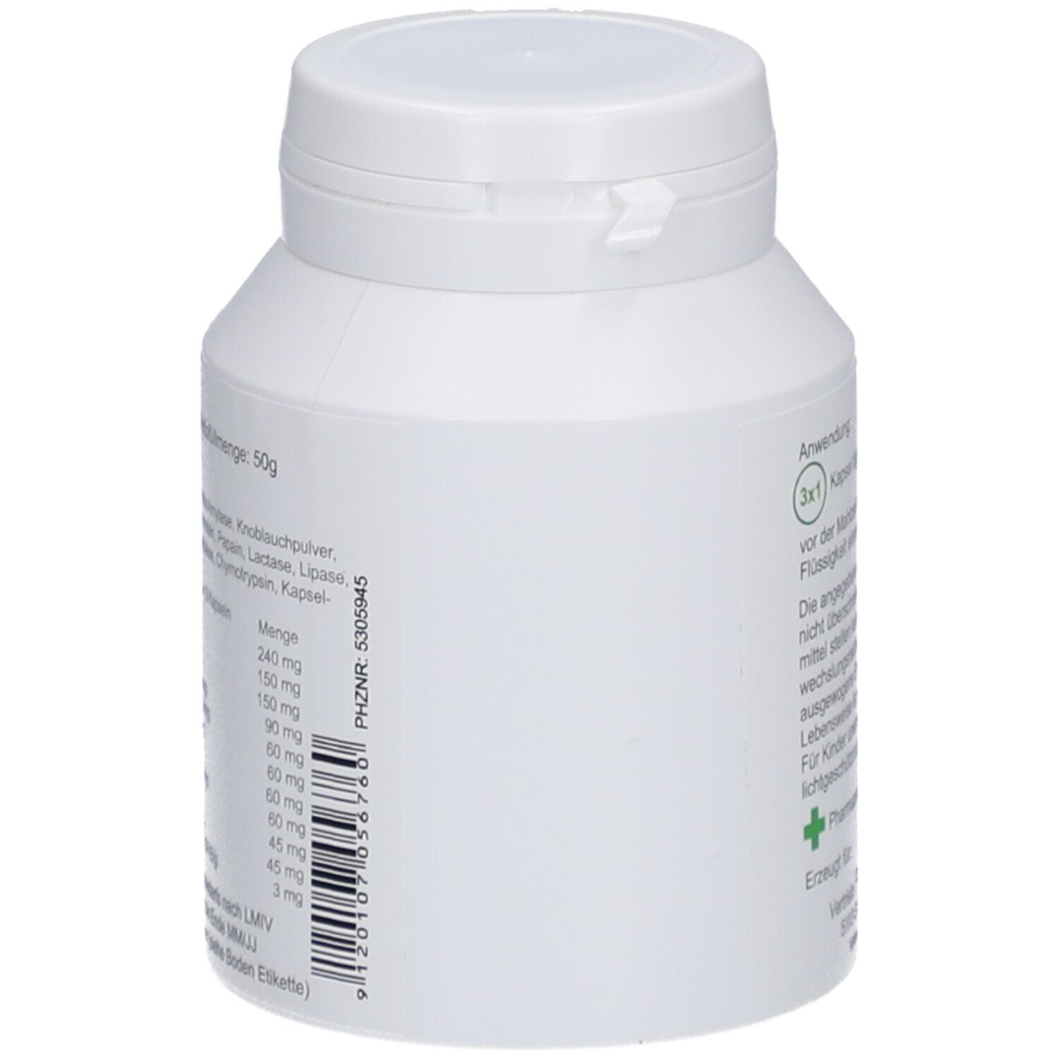 Flacon blanc d'Enzym-Komplex Kapseln. Liste des ingrédients et quantités. Poids net 50g.