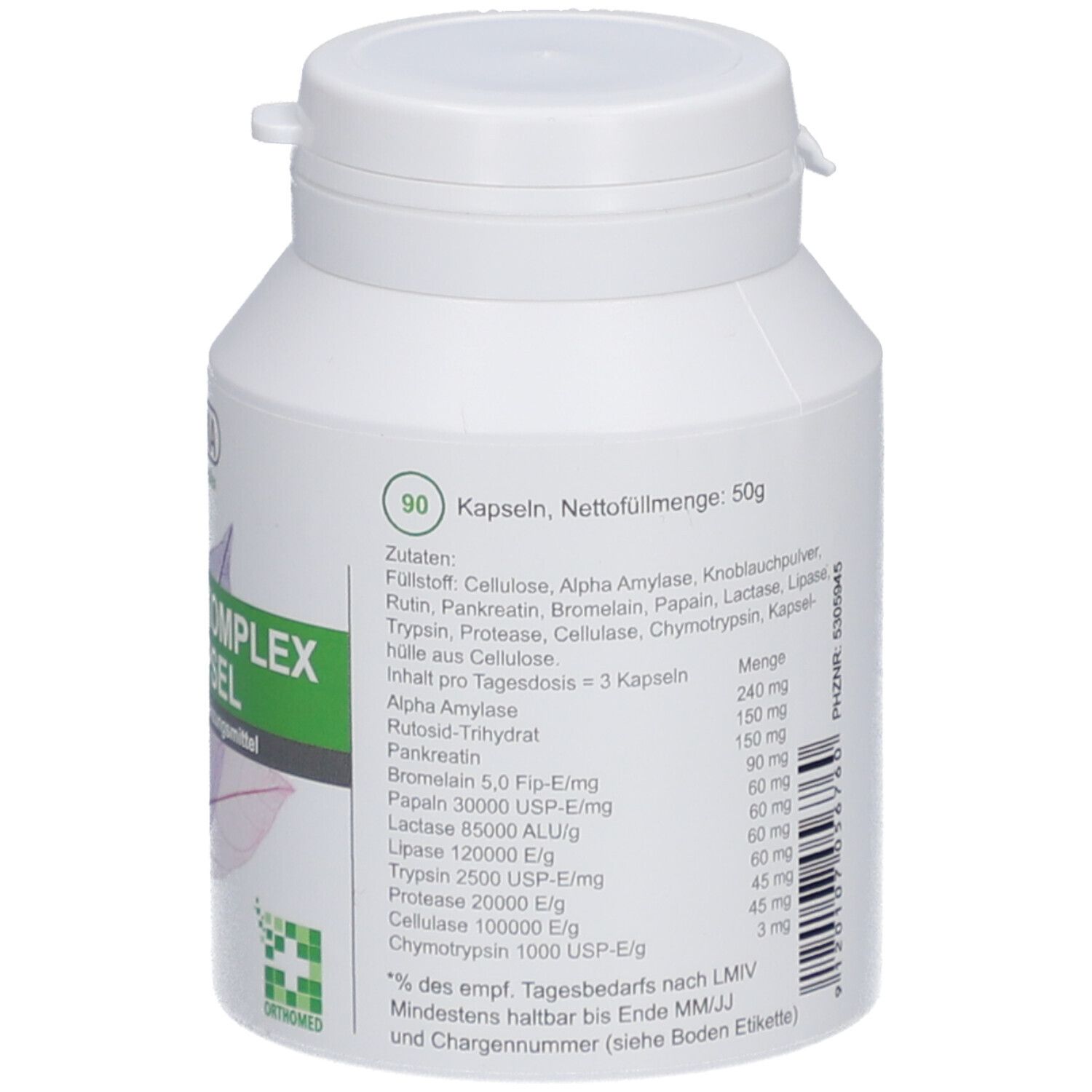Dos du flacon blanc d'Enzym-Komplex Kapseln. Liste des ingrédients et quantités. Poids net 50g.