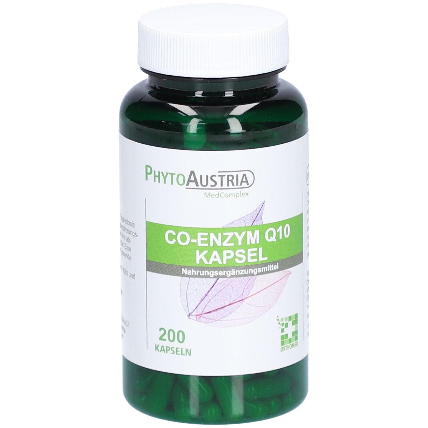 Grüne Kapseln in einer grünen Flasche mit weißem Deckel. Aufschrift: PhytoAustria, Co-Enzym Q10 Kapsel, 200 Kapseln.