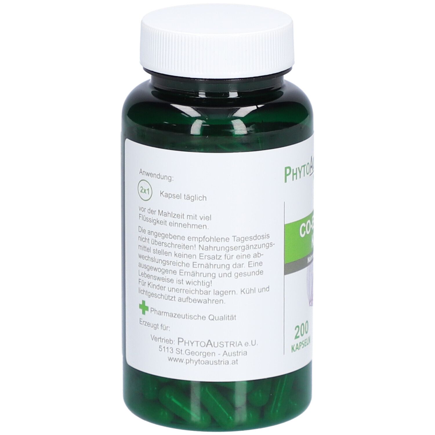 Grüne Kapseln in einer grünen Flasche mit weißem Deckel. Aufschrift: PhytoAustria, Co-Enzym Q10 Kapsel, 200 Kapseln. Rückseite mit Text.