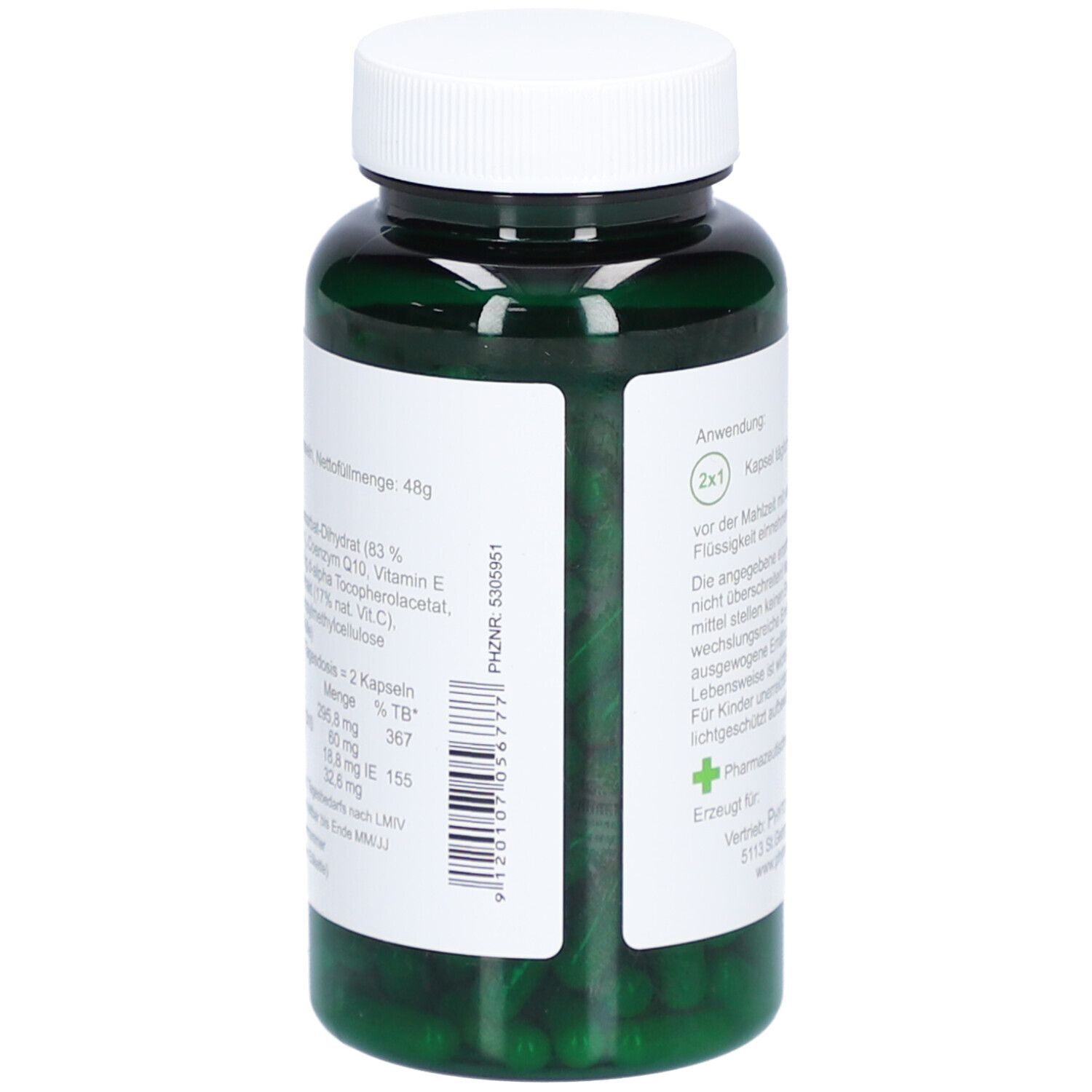 Grüne Kapseln in einer grünen Flasche mit weißem Deckel. Rückseite mit Text und Barcode. Aufschrift: PhytoAustria, Co-Enzym Q10 Kapsel.
