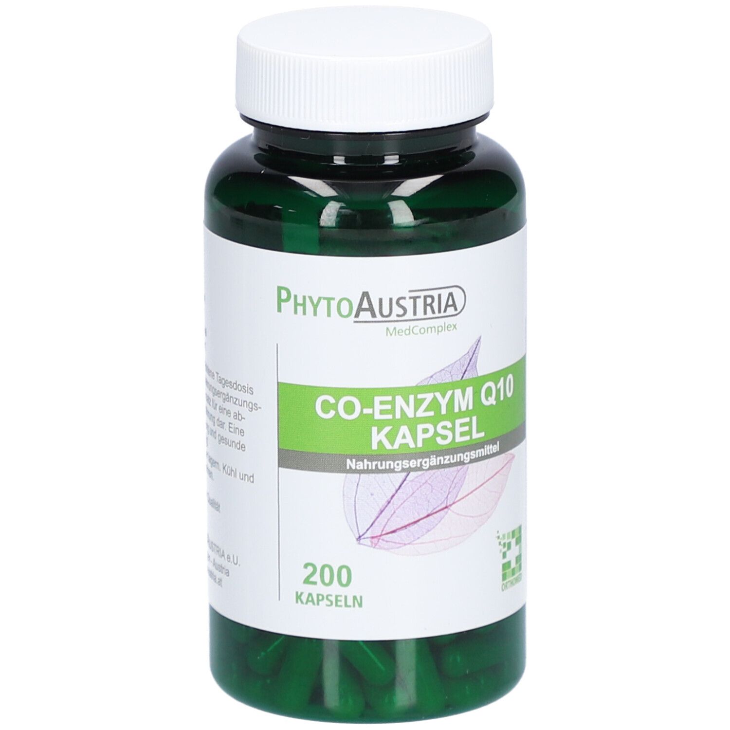 Grüne Kapseln in einer grünen Flasche mit weißem Deckel. Aufschrift: PhytoAustria, Co-Enzym Q10 Kapsel, 200 Kapseln.