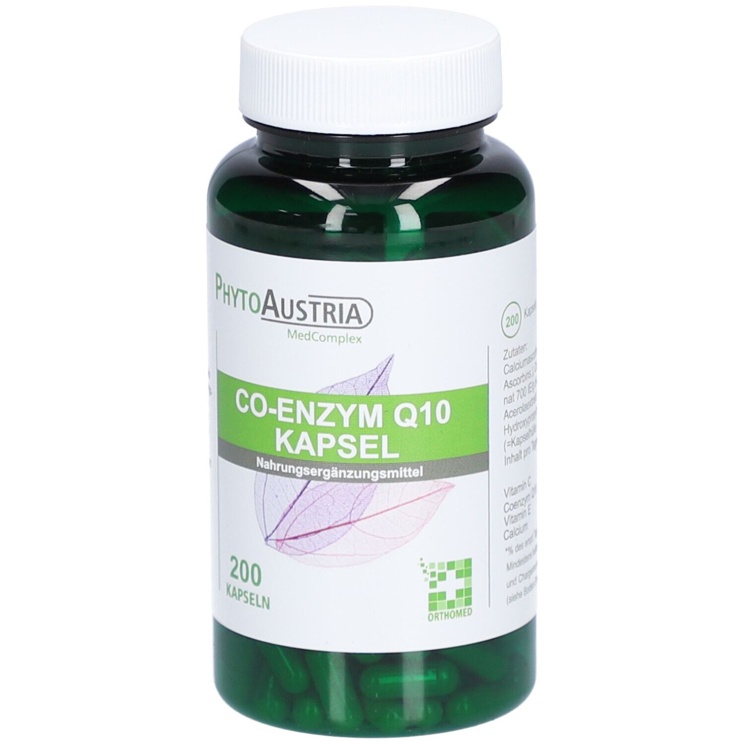 Grüne Kapseln in einer grünen Flasche mit weißem Deckel. Aufschrift: PhytoAustria, Co-Enzym Q10 Kapsel, 200 Kapseln.