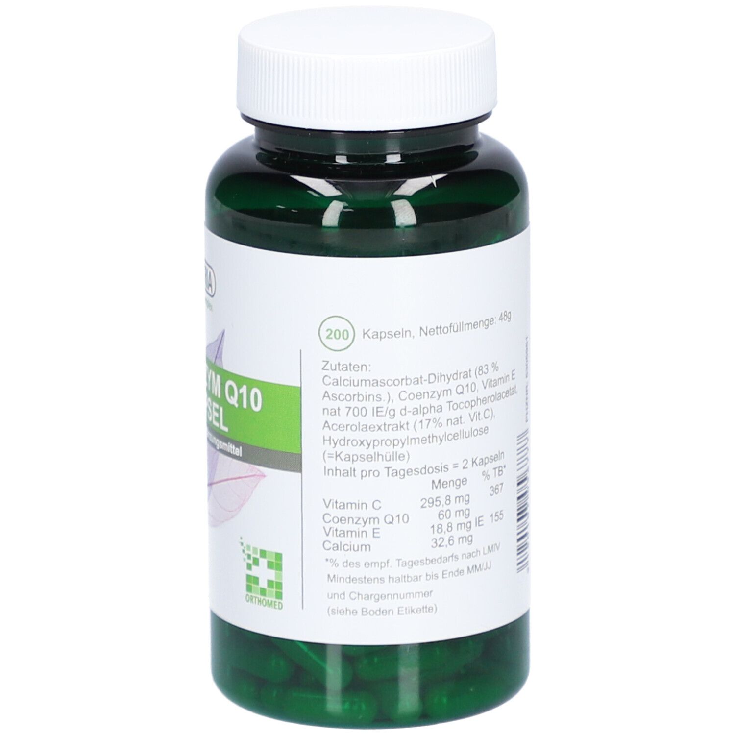 Grüne Kapseln in einer grünen Flasche mit weißem Deckel. Rückseite mit Text. Aufschrift: PhytoAustria, Co-Enzym Q10 Kapsel, 200 Kapseln.