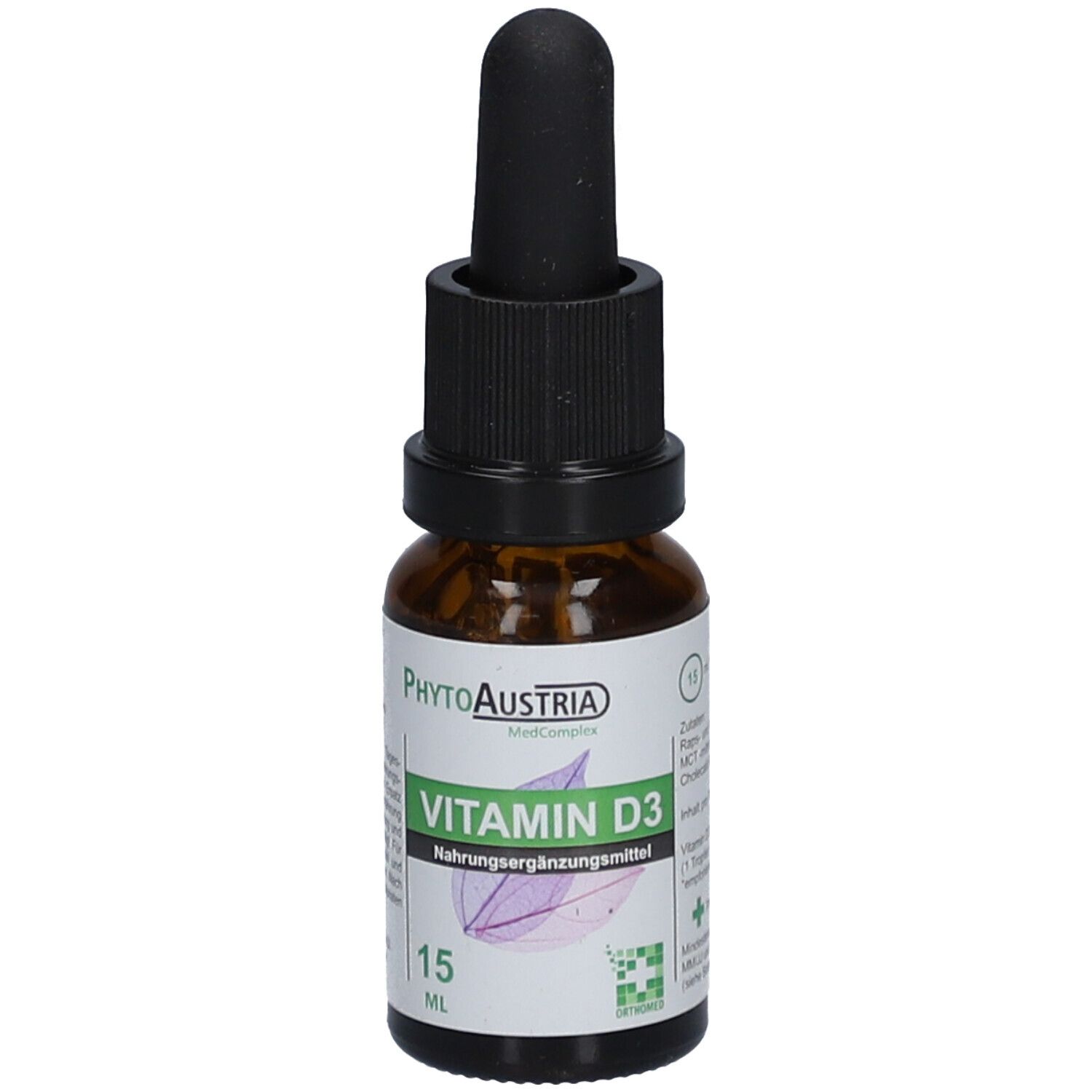 Flacon en verre brun avec compte-gouttes noir. Étiquette "Vitamin D3" et "15 ml".