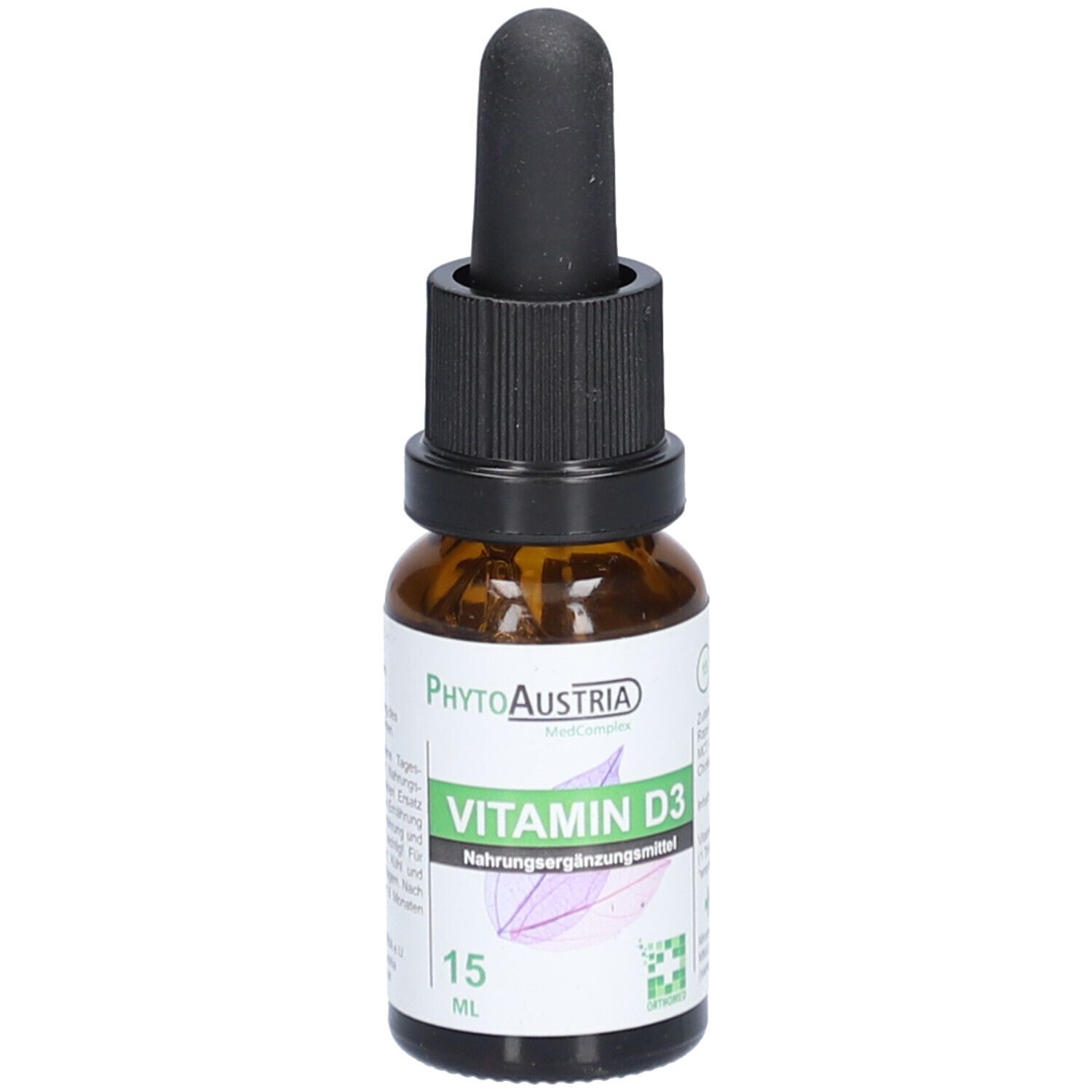 Flacon en verre brun avec compte-gouttes noir. Étiquette "Vitamin D3" et "15 ml".