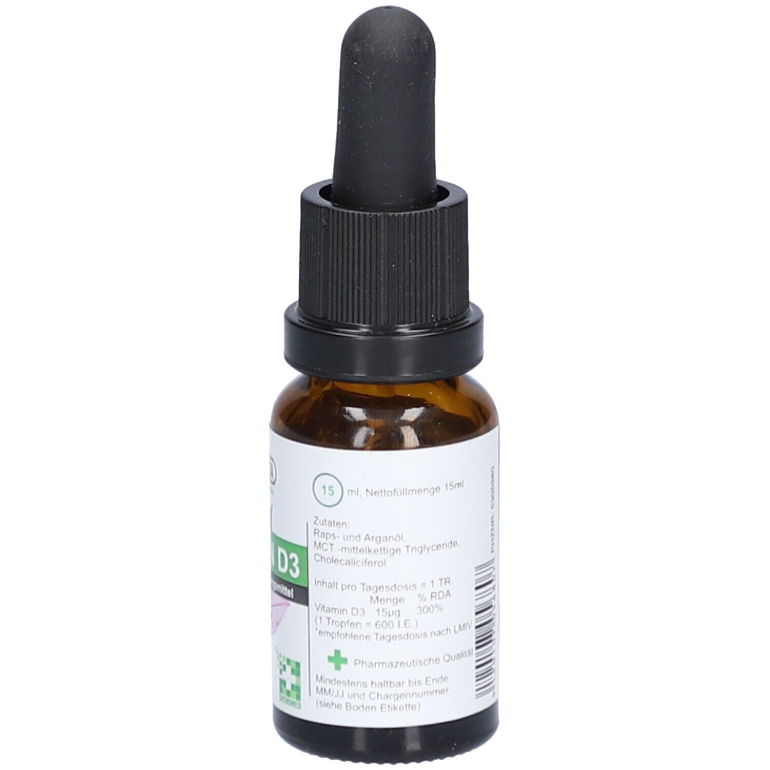 Flacon en verre brun avec compte-gouttes noir. Étiquette "Vitamin D3" et informations nutritionnelles.