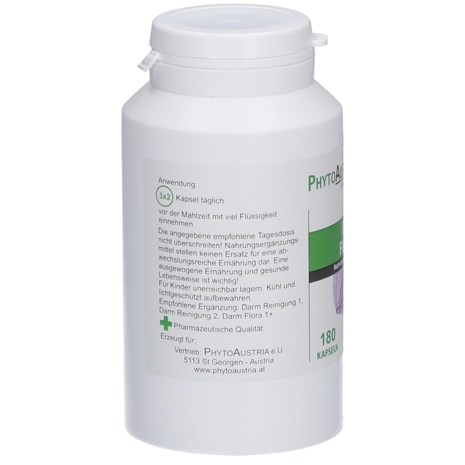 Flacon blanc avec étiquette verte. Texte: Utilisation, 3x2 gélules par jour. Distribué par PhytoAustria. 180 gélules.