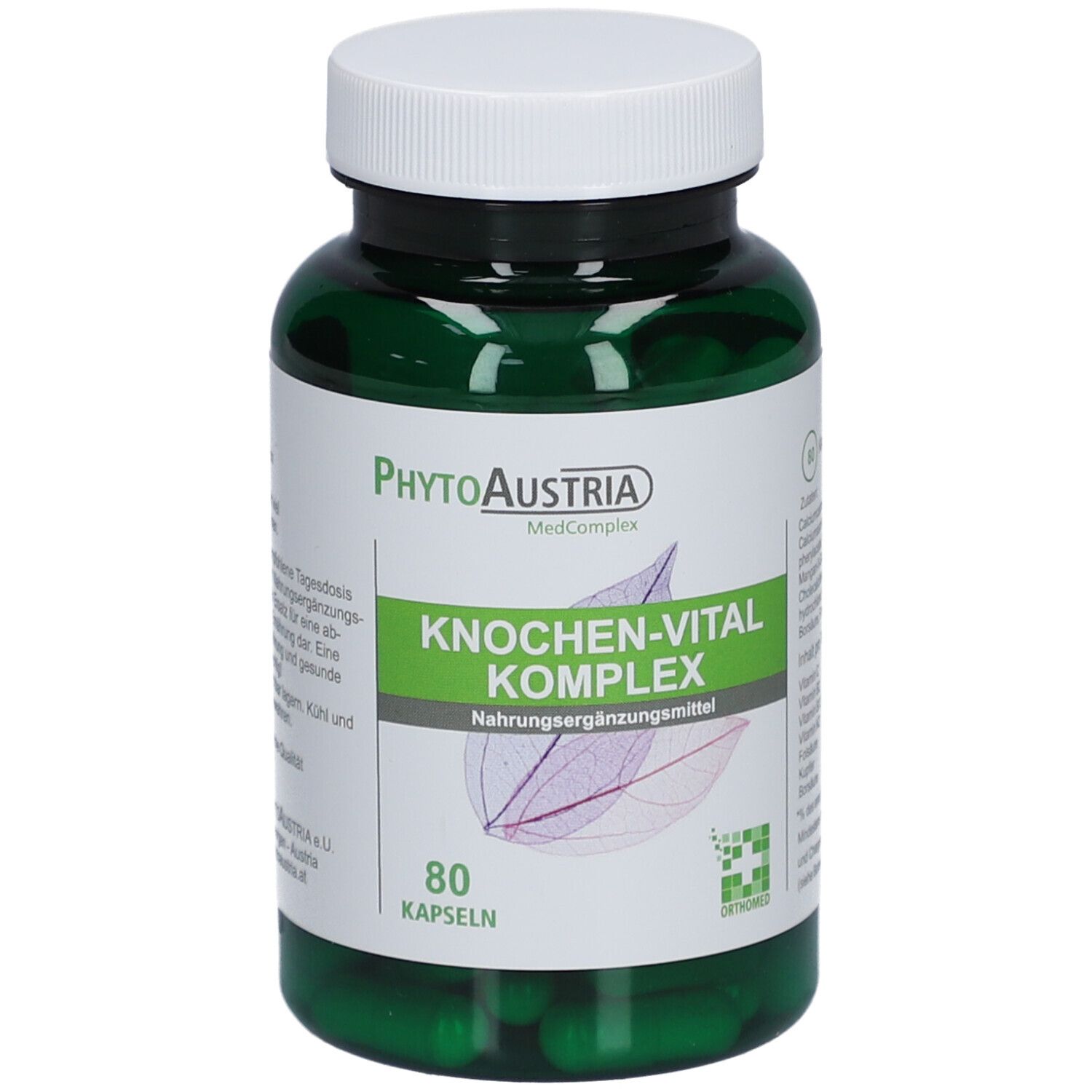 Flacon vert avec bouchon blanc. Inscription: Knochen-Vital Komplex. 80 gélules. Marque: PhytoAustria.