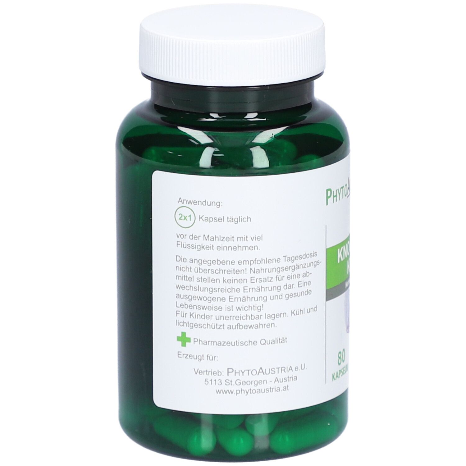 Dos du flacon vert avec bouchon blanc. Texte: Utilisation, ingrédients, informations fabricant.