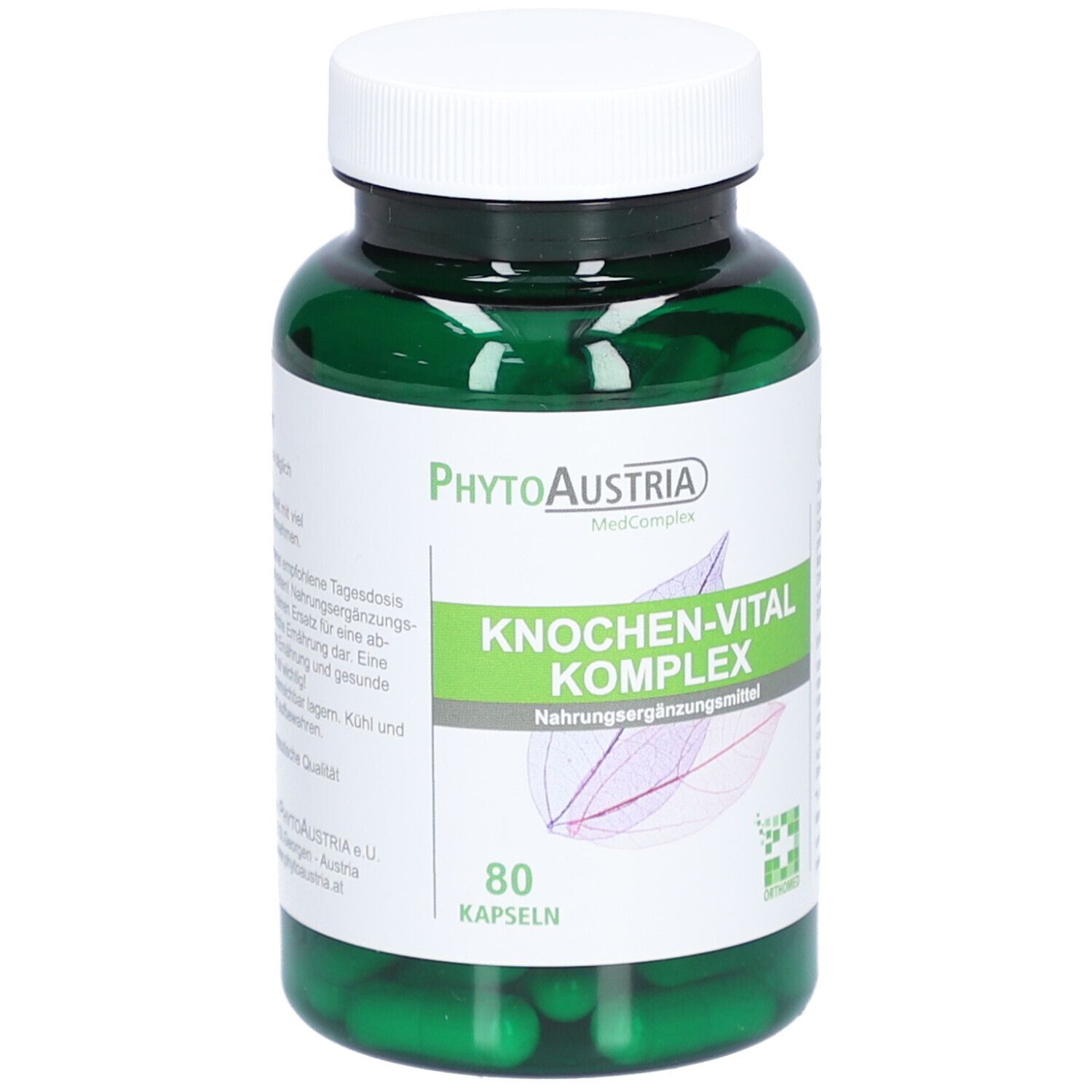 Flacon vert avec bouchon blanc. Inscription: Knochen-Vital Komplex. 80 gélules. Marque: PhytoAustria.