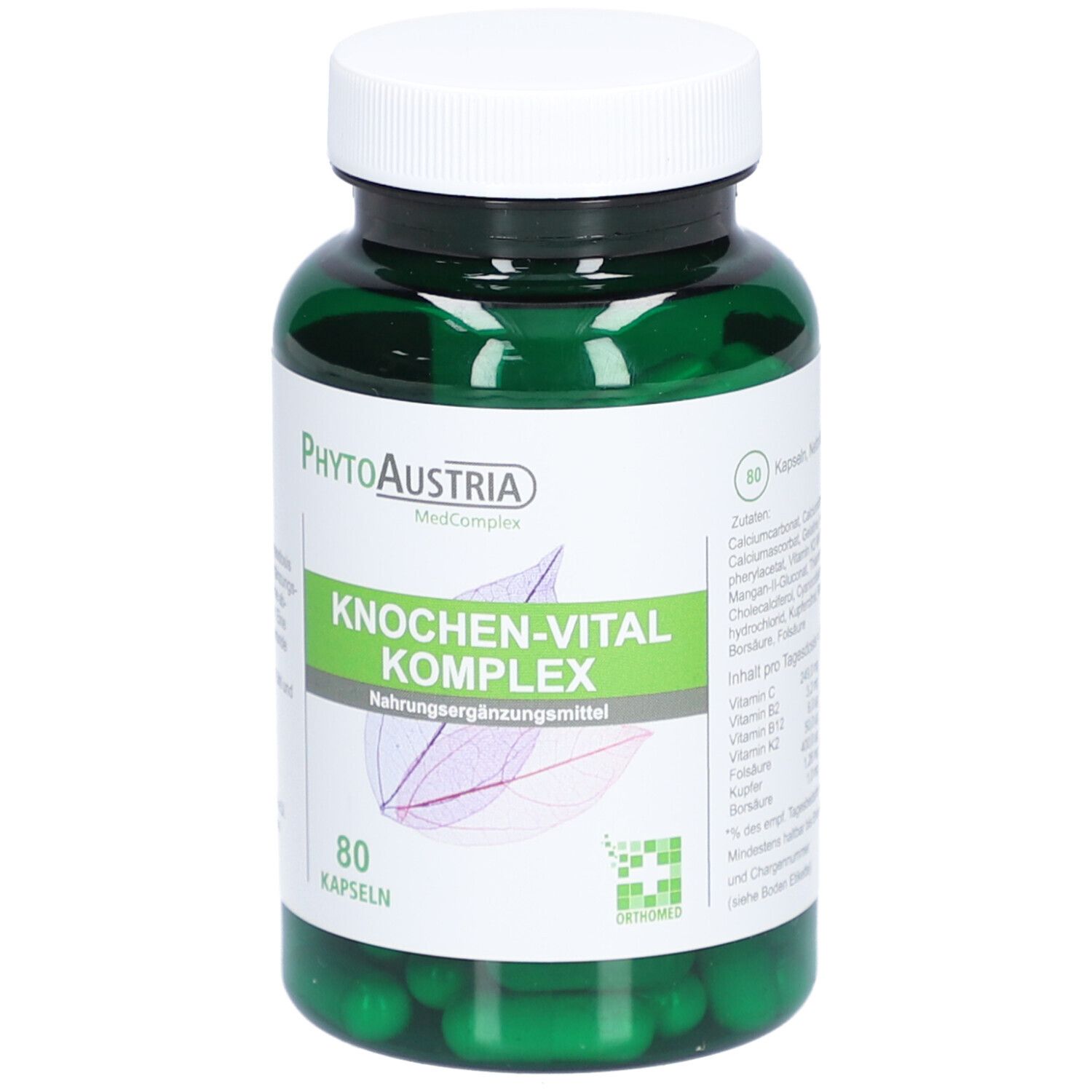 Flacon vert avec bouchon blanc. Inscription: Knochen-Vital Komplex. 80 gélules. Marque: PhytoAustria.