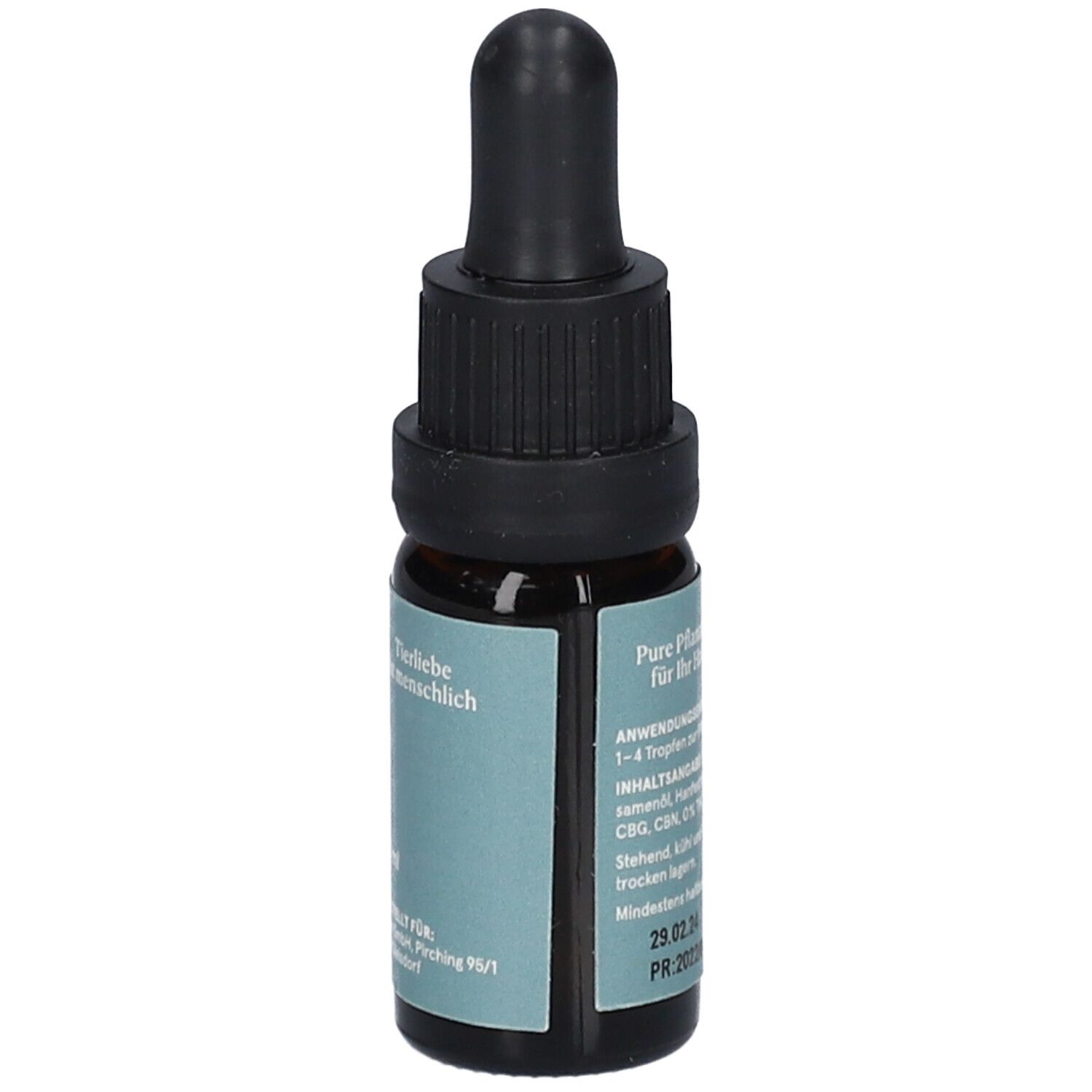 Braune Glasflasche mit schwarzem Tropfer. Etikett mit CBDVITAL, VET, CBD Extrakt Premium 24. Informationen zur Anwendung und Inhaltsstoffen.