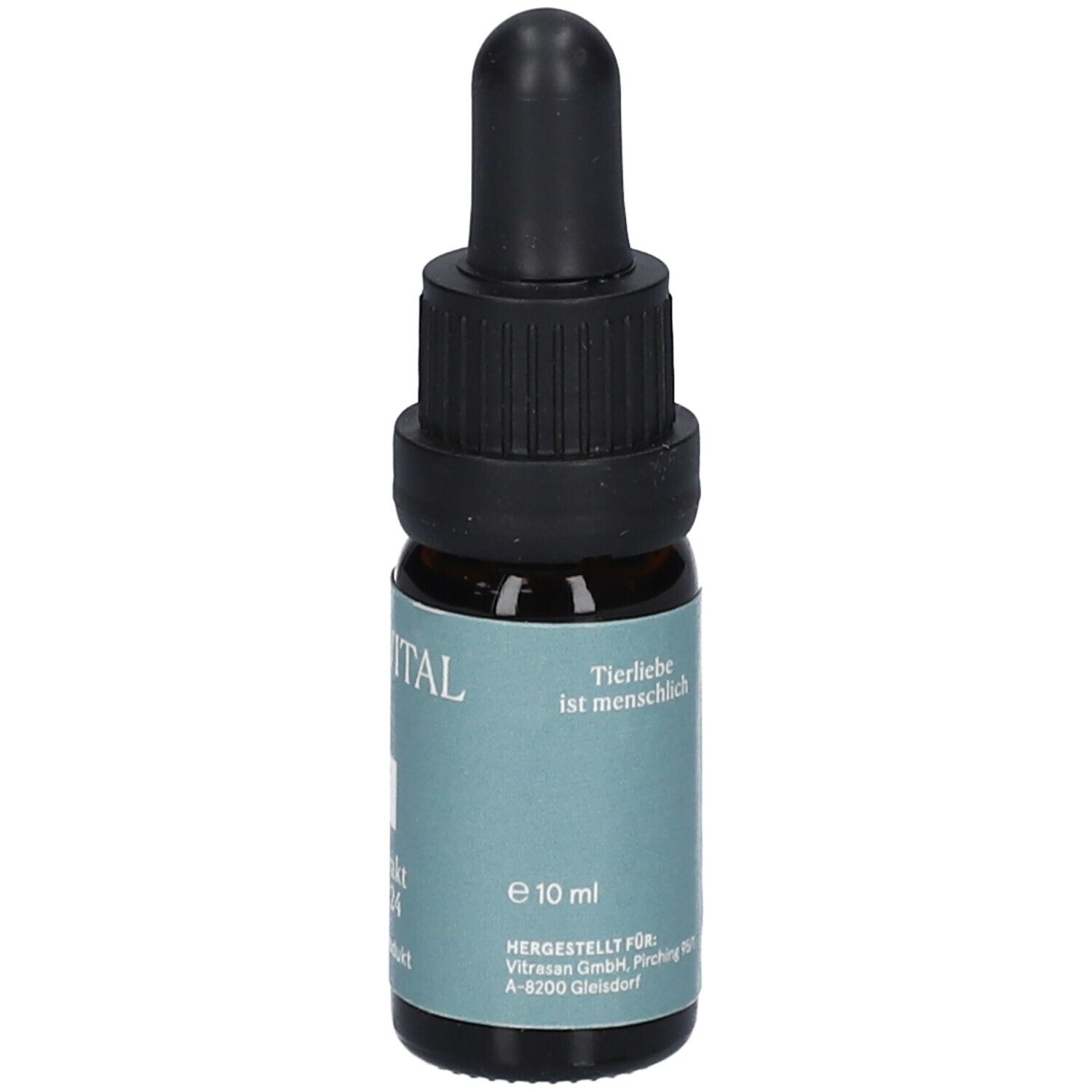 Braune Glasflasche mit schwarzem Tropfer. Etikett mit CBDVITAL, VET, CBD Extrakt Premium 24. Volumen: 10 ml.