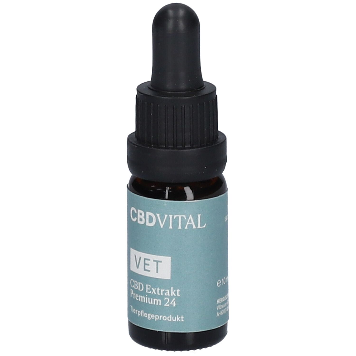 Braune Glasflasche mit schwarzem Tropfer. Etikett mit CBDVITAL, VET, CBD Extrakt Premium 24. Tierpflegeprodukt.