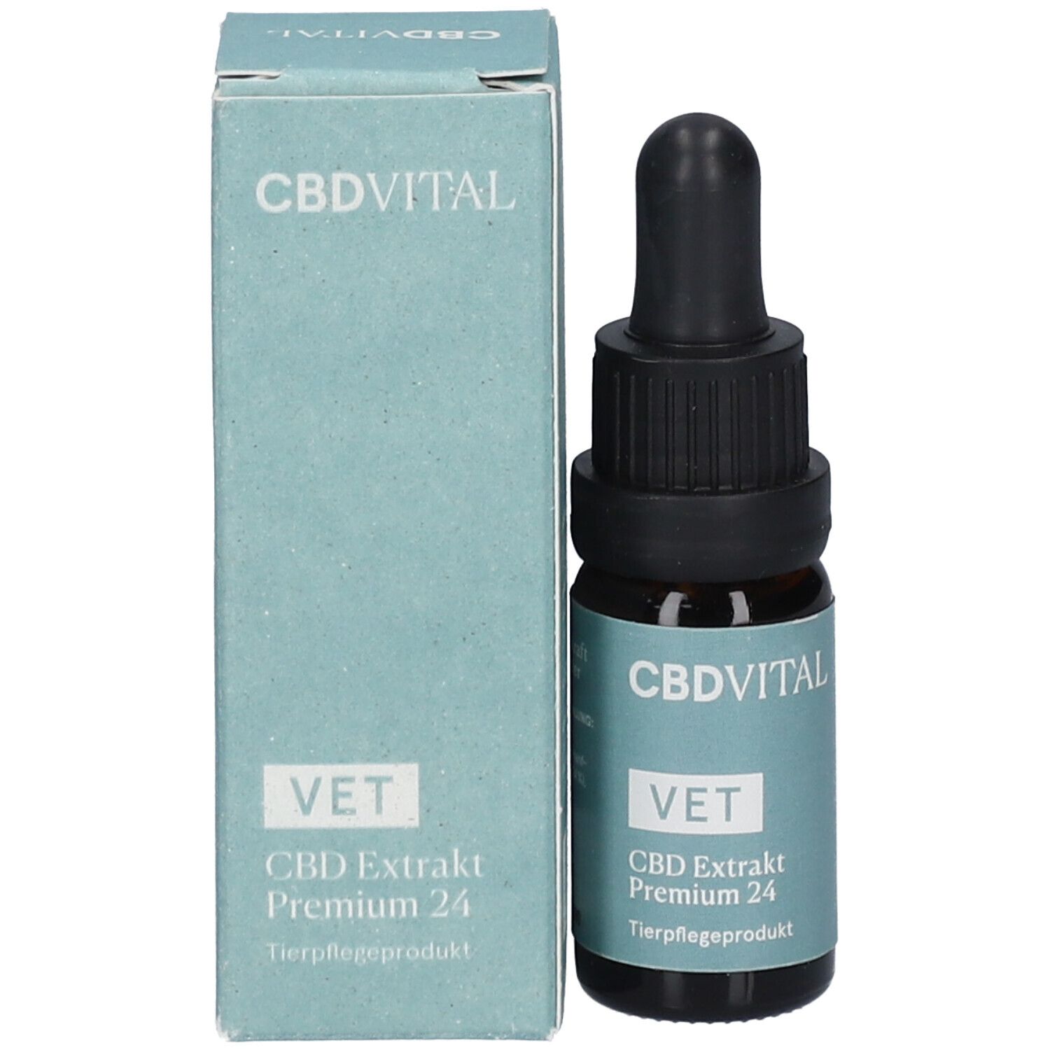 Braune Glasflasche mit schwarzem Tropfer und Karton. Karton mit CBDVITAL, VET, CBD Extrakt Premium 24. Tierpflegeprodukt.
