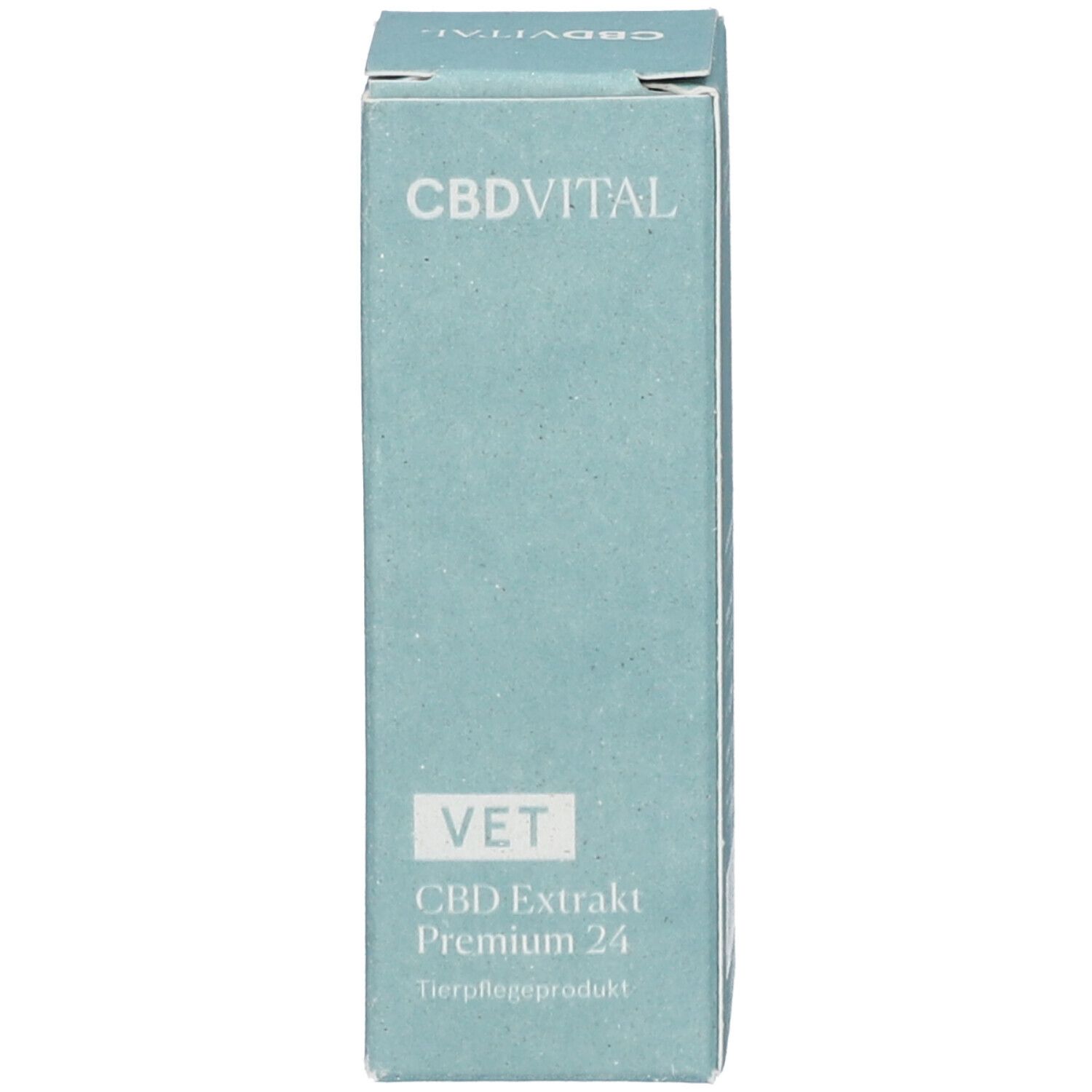 Karton mit CBDVITAL, VET, CBD Extrakt Premium 24. Tierpflegeprodukt. Hellblau.