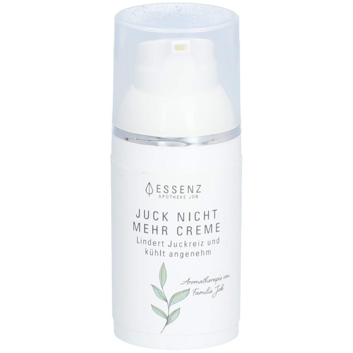 Flacon de crème blanc avec pompe. Inscription: Juck Nicht Mehr Creme. Illustration de feuilles.