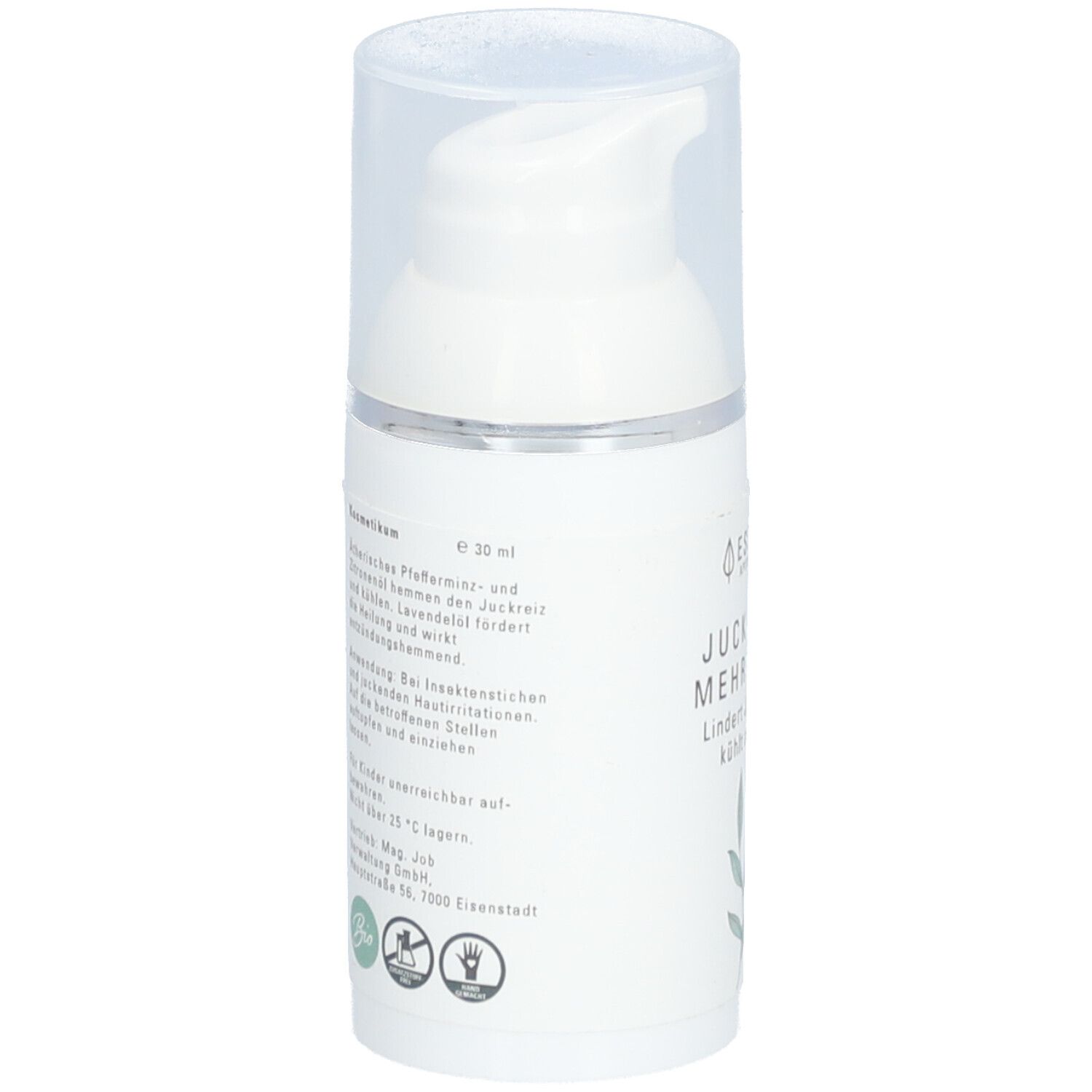 Flacon de crème blanc avec pompe. Texte et ingrédients sur le côté. Avec label bio.