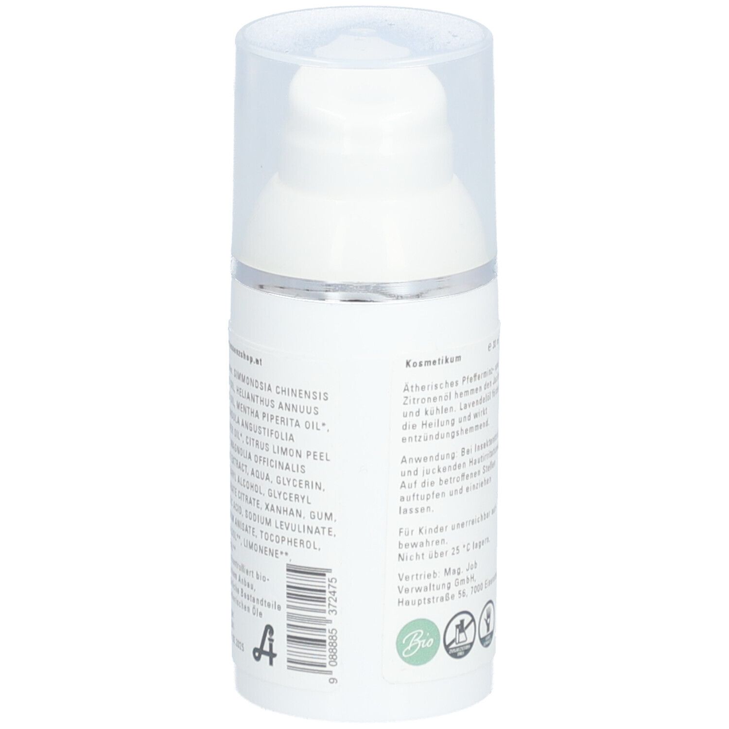 Flacon de crème blanc avec pompe. Ingrédients et texte sur le côté. Avec label bio.