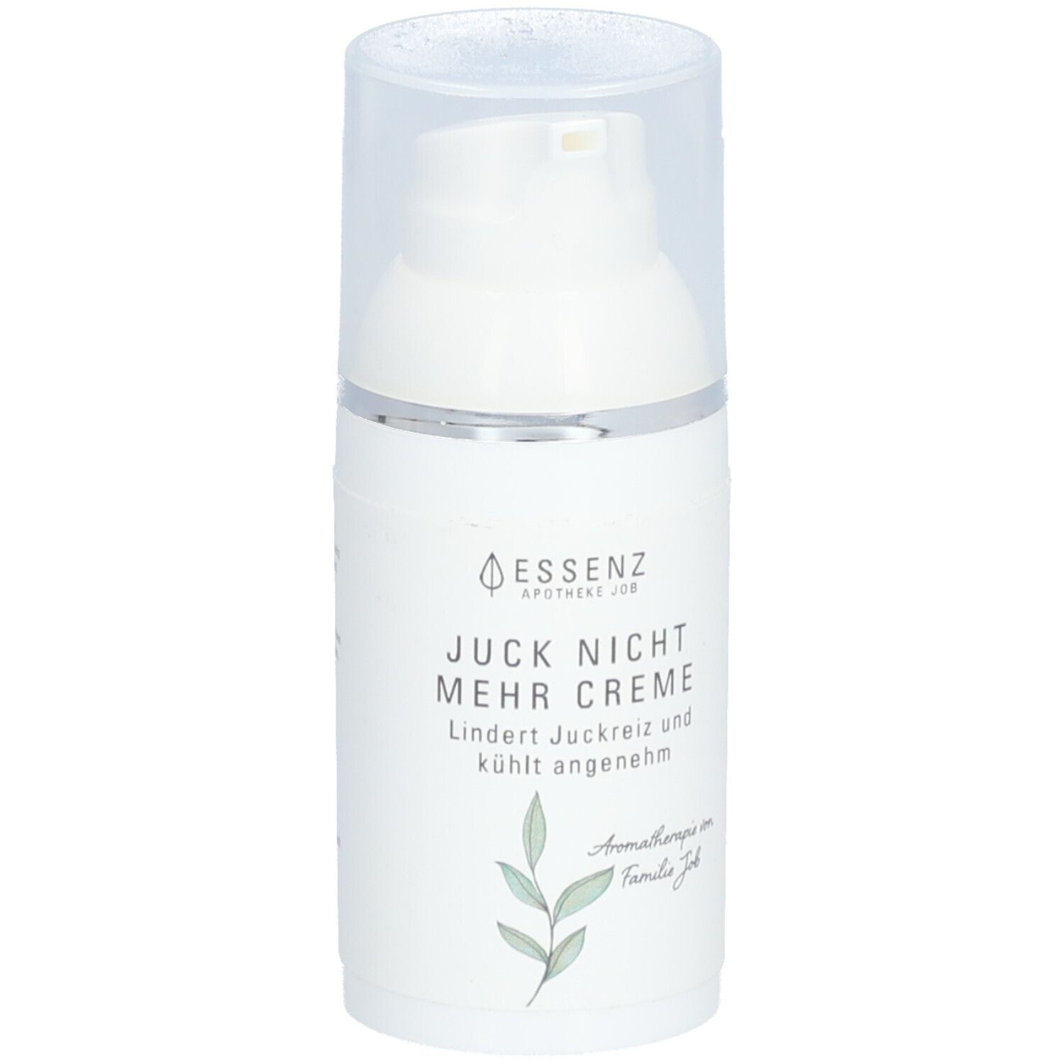 Flacon de crème blanc avec pompe. Inscription: Juck Nicht Mehr Creme. Illustration de feuilles.