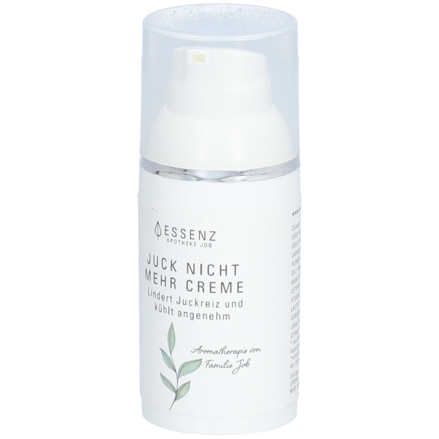 Flacon de crème blanc avec pompe. Inscription: Juck Nicht Mehr Creme. Illustration de feuilles.