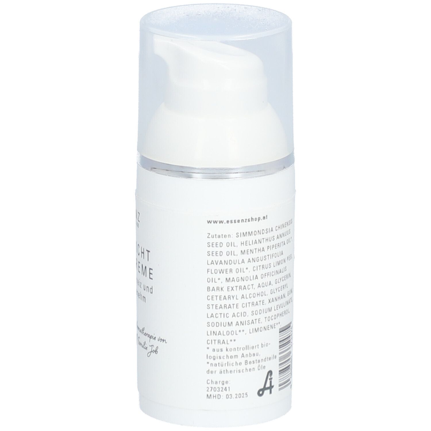 Flacon de crème blanc avec pompe. Ingrédients et texte sur le côté. Avec label bio.