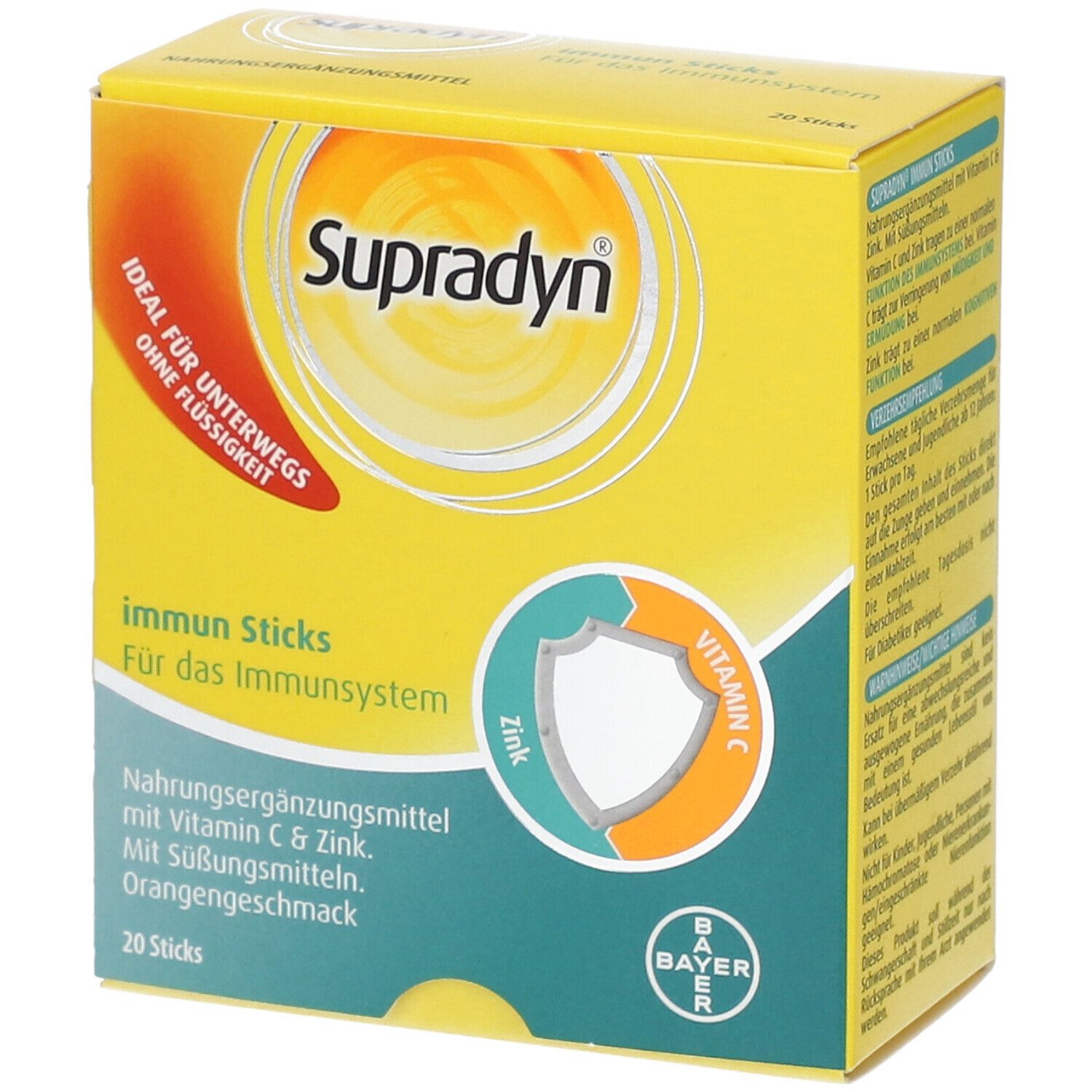 Gelbe Schachtel "Supradyn Immun Sticks". Aufdrucke: Zink, Vitamin C, "Für das Immunsystem", "Orangengeschmack". Bayer-Logo.