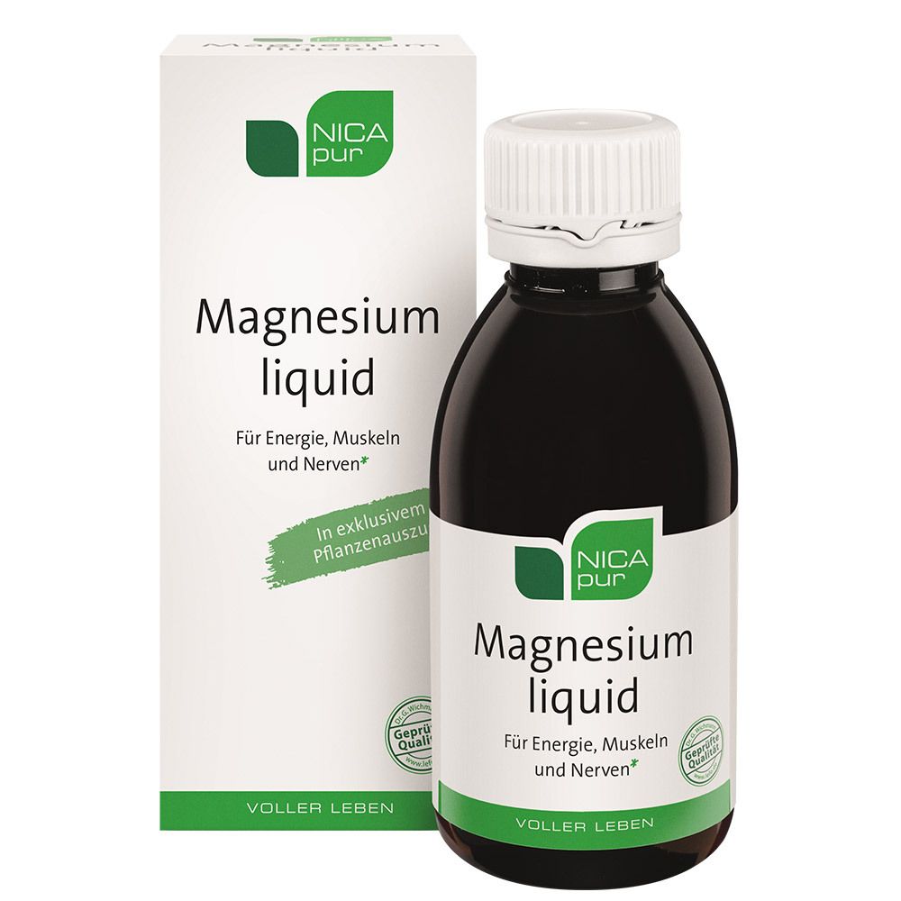 Magnesium Liquid Flasche und Verpackung. Weißes Etikett mit grünem Logo. Text: Magnesium Liquid, Für Energie, Muskeln und Nerven.