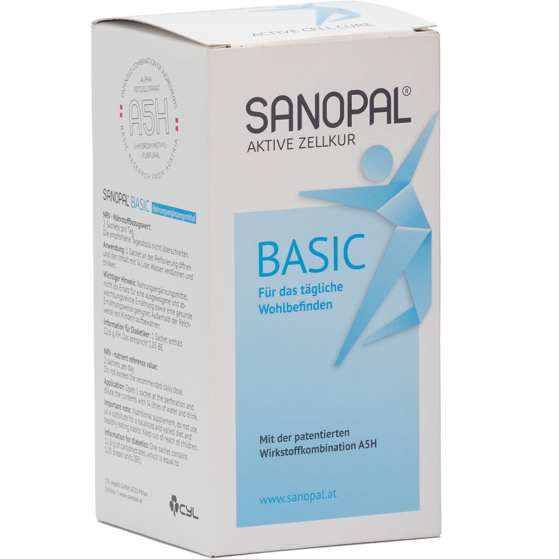Boîte blanche SANOPAL BASIC. Texte et logo bleus. Inscription: Cure cellulaire active, Pour le bien-être quotidien.