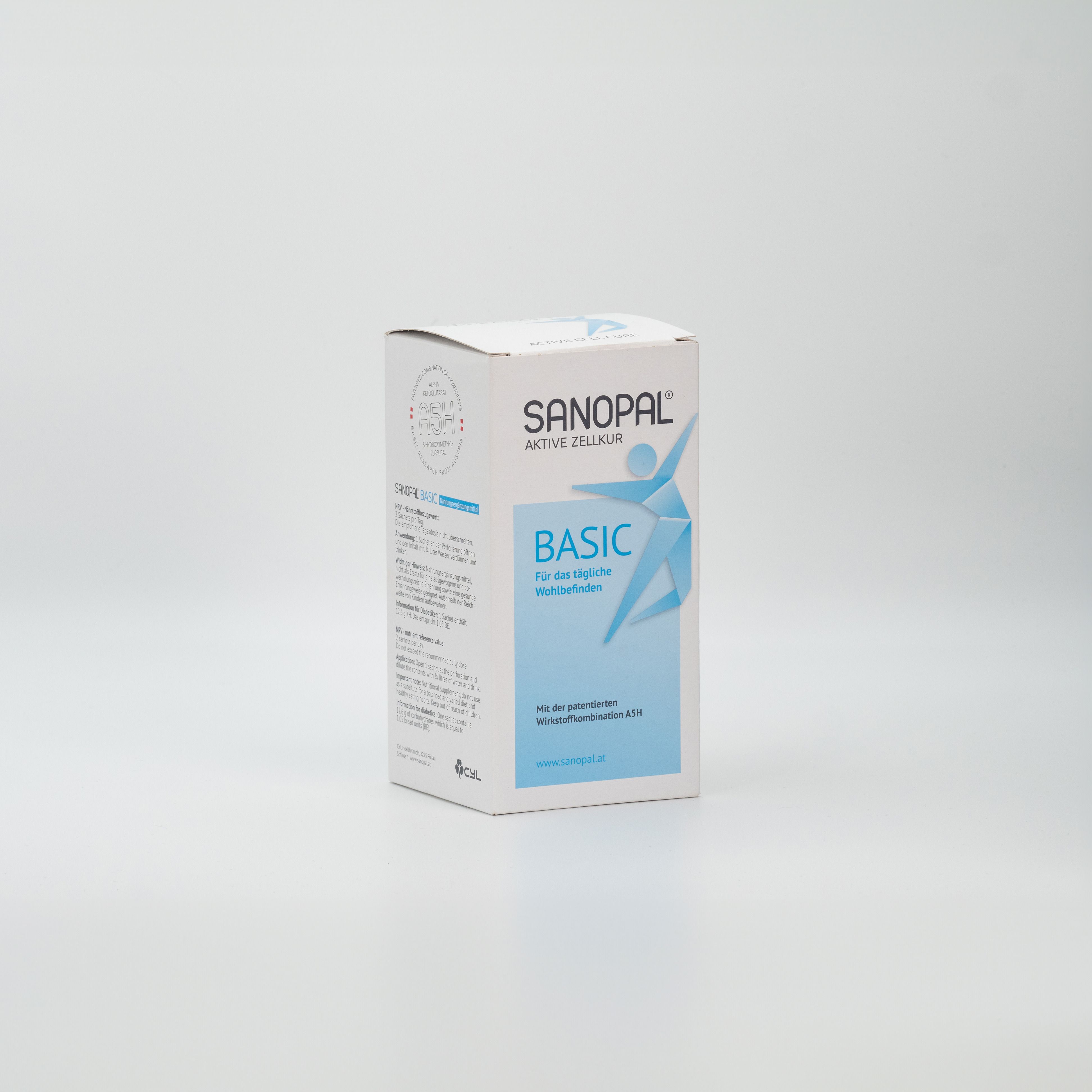 Boîte blanche SANOPAL BASIC. Logo et texte bleus. Inscription: Cure cellulaire active, Pour le bien-être quotidien. Sur fond blanc.