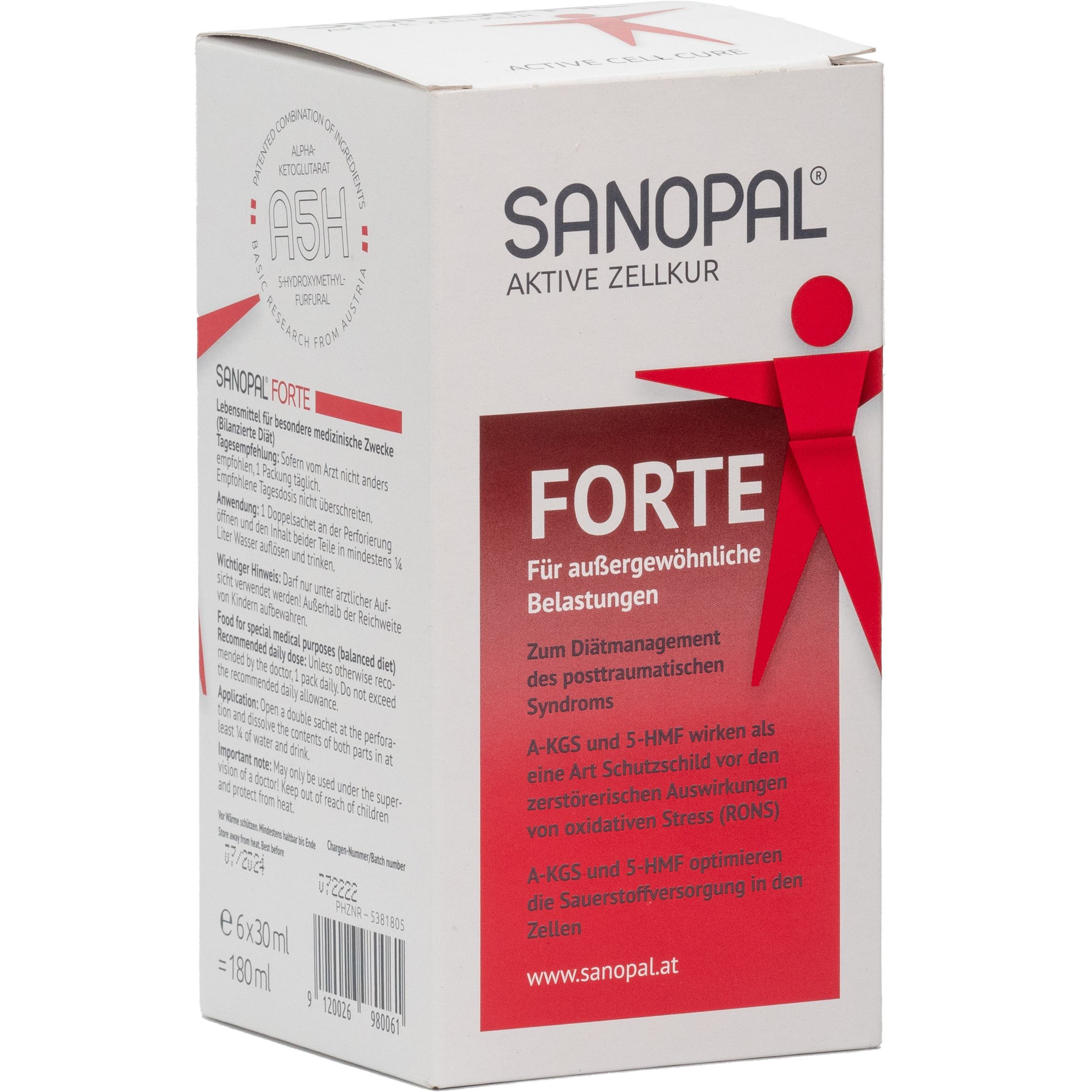 Boîte pliante blanche avec champ de texte rouge. Inscription: SANOPAL FORTE. Logo: personnage rouge. Certification ASH.