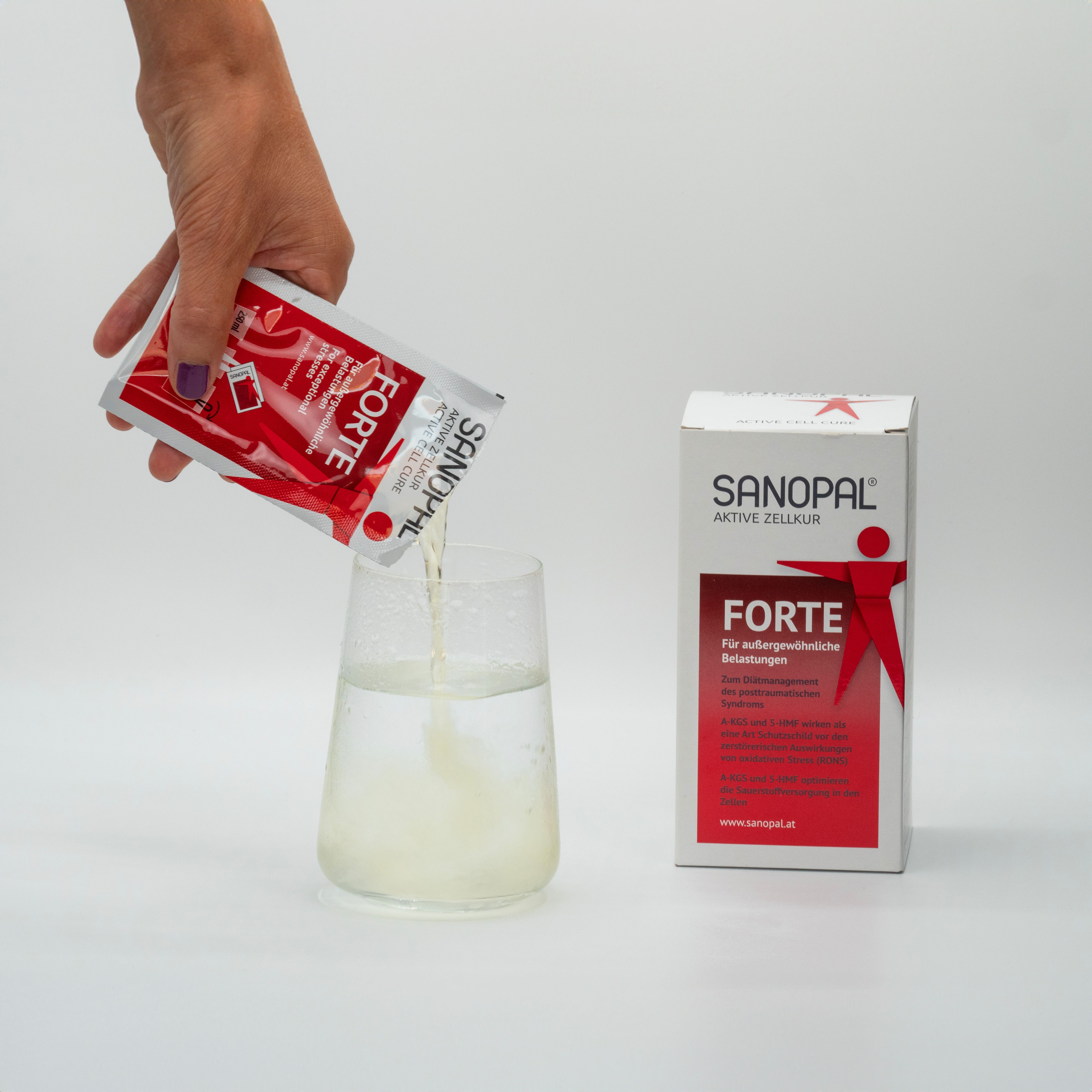 Une personne verse du liquide d'un sachet dans un verre. À côté, une boîte pliante avec l'inscription SANOPAL FORTE.