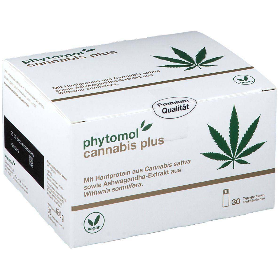 Weiße Verpackung mit "phytomol cannabis plus"-Logo, Cannabisblatt-Grafik und "Vegan"-Siegel. Enthält 30 Tagesportionen.
