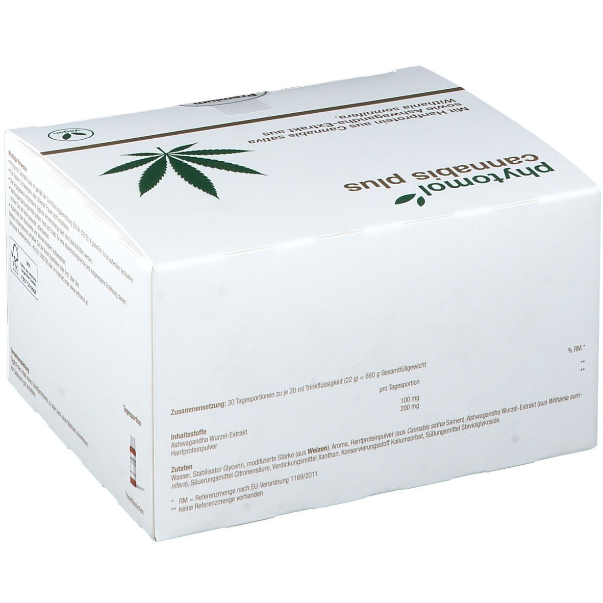 Weiße Verpackung mit "phytomol cannabis plus"-Logo und Cannabisblatt-Grafik. Rückseite mit Inhaltsangaben und Zutatenliste.