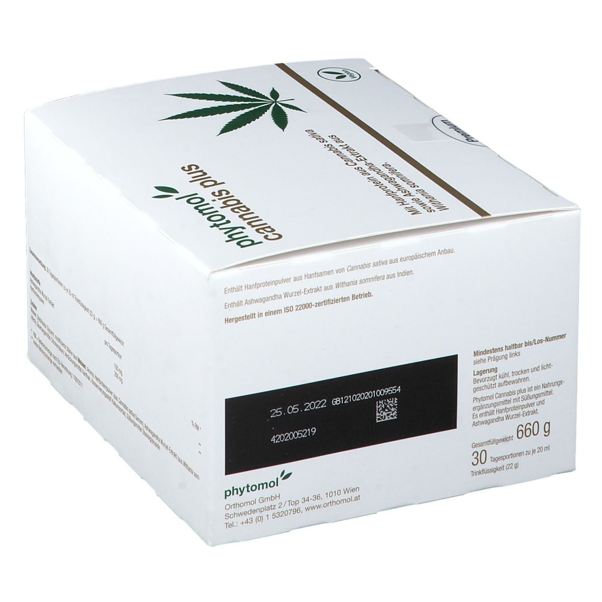 Weiße Verpackung mit "phytomol cannabis plus"-Logo. Aufdruck mit Chargennummer und Mindesthaltbarkeitsdatum. Enthält 30 Portionen.