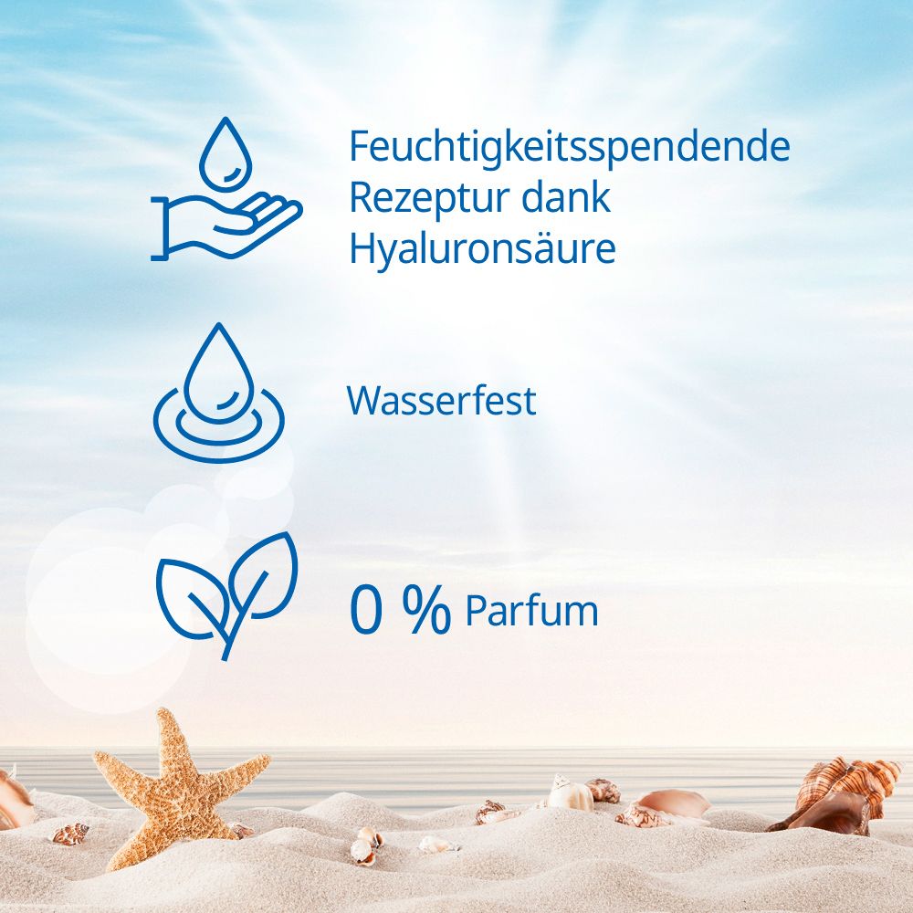 Symbole: Feuchtigkeitsspendende Rezeptur, Wasserfest, 0% Parfum. Abgebildet: Hand mit Tropfen, Wassertropfen, Blätter.