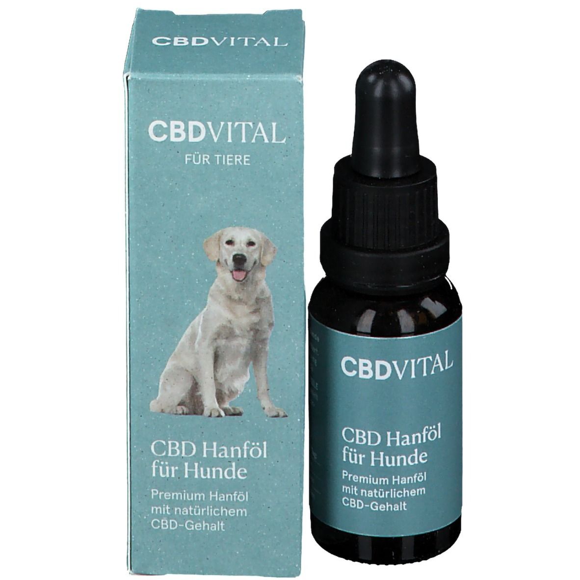 Emballage du produit avec flacon et carton. Inscription: CBDVITAL, CBD Hanföl für Hunde. Image d'un chien.