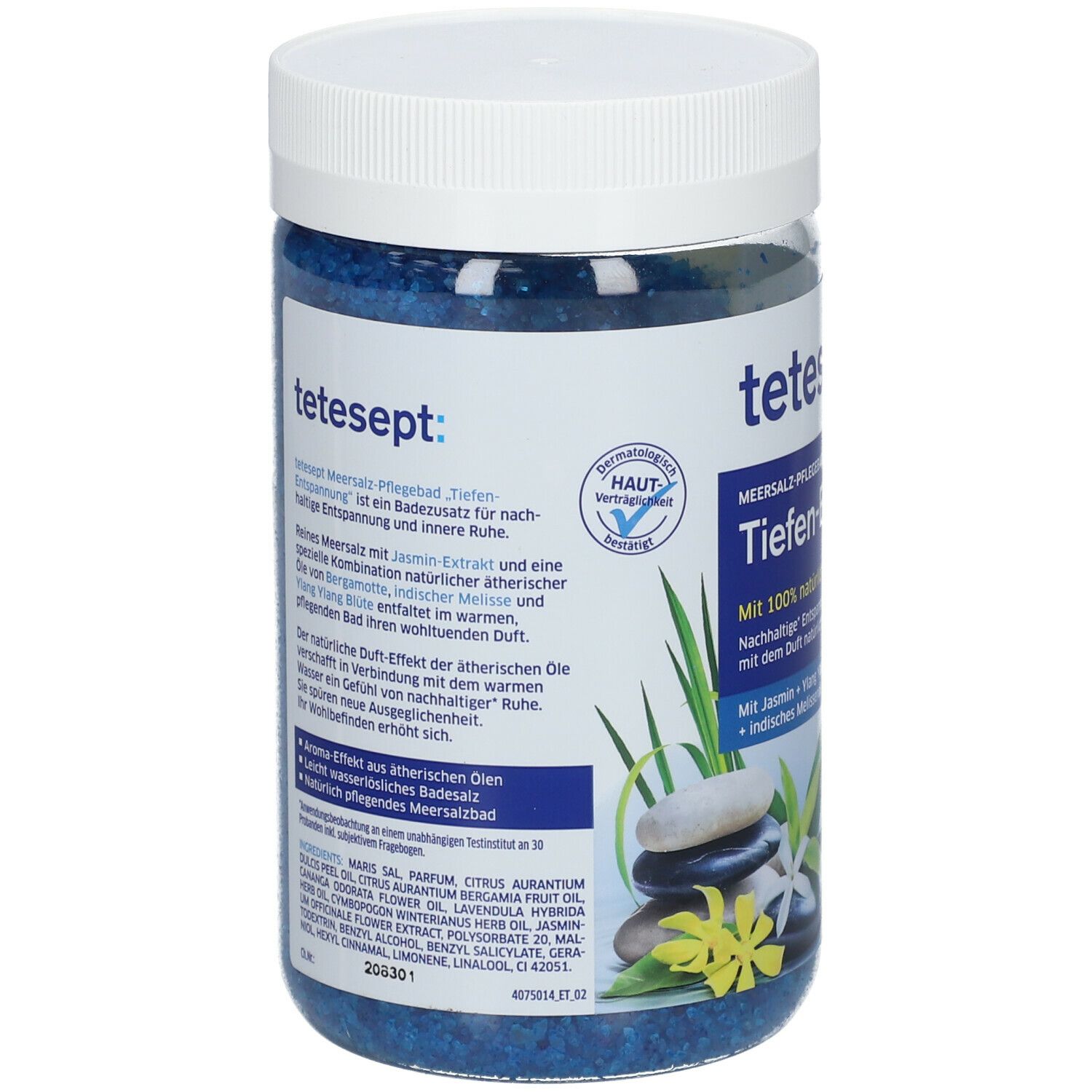 tetesept® MEERSALZ-PFLEGEBAD Tiefen-Entspannung. Pot de sel de bain bleu. Couvercle blanc. Texte et illustrations sur l'emballage.