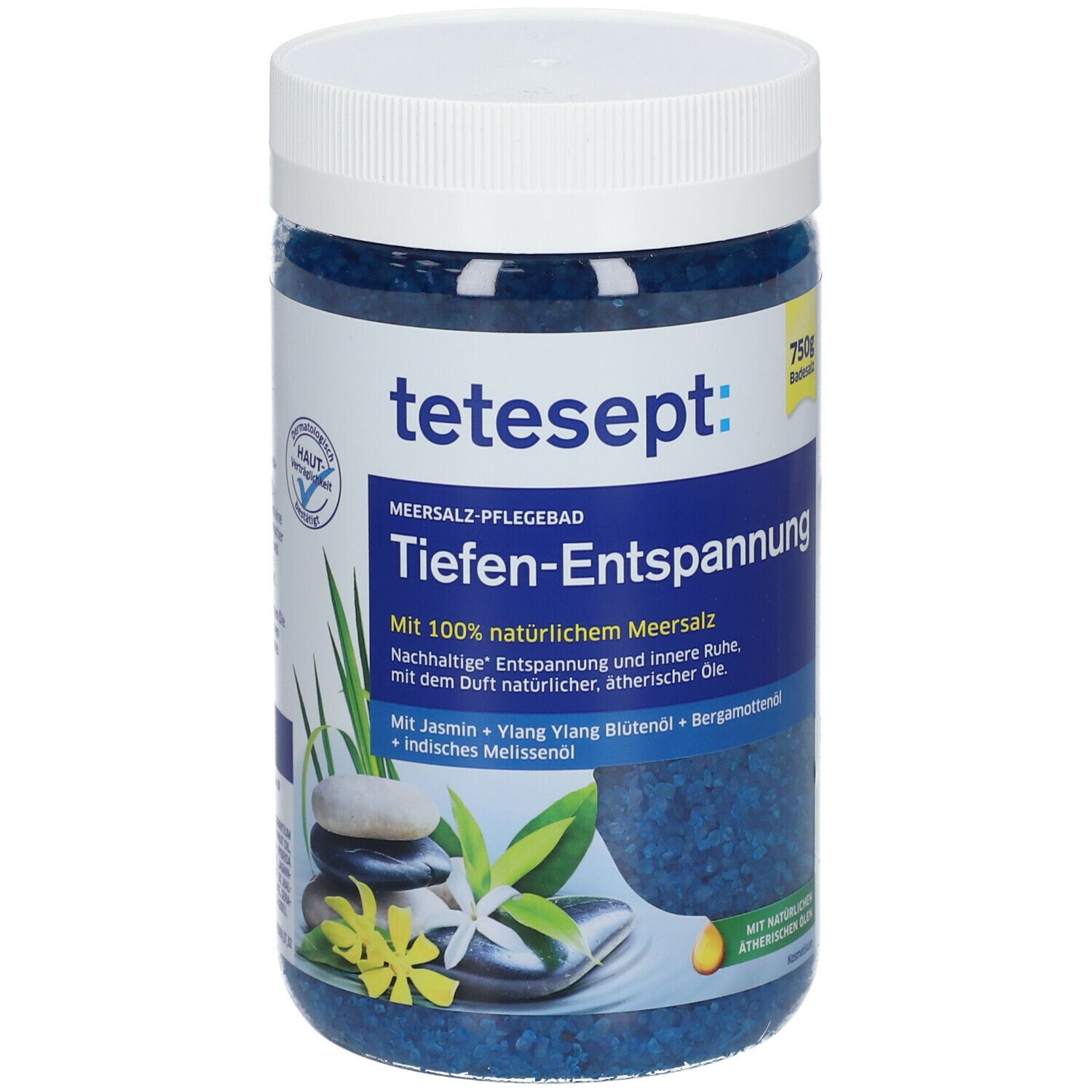 tetesept® MEERSALZ-PFLEGEBAD Tiefen-Entspannung en pot. Cristaux de sel de bain bleus. Couvercle blanc. Inscription : 750g de sel de bain.