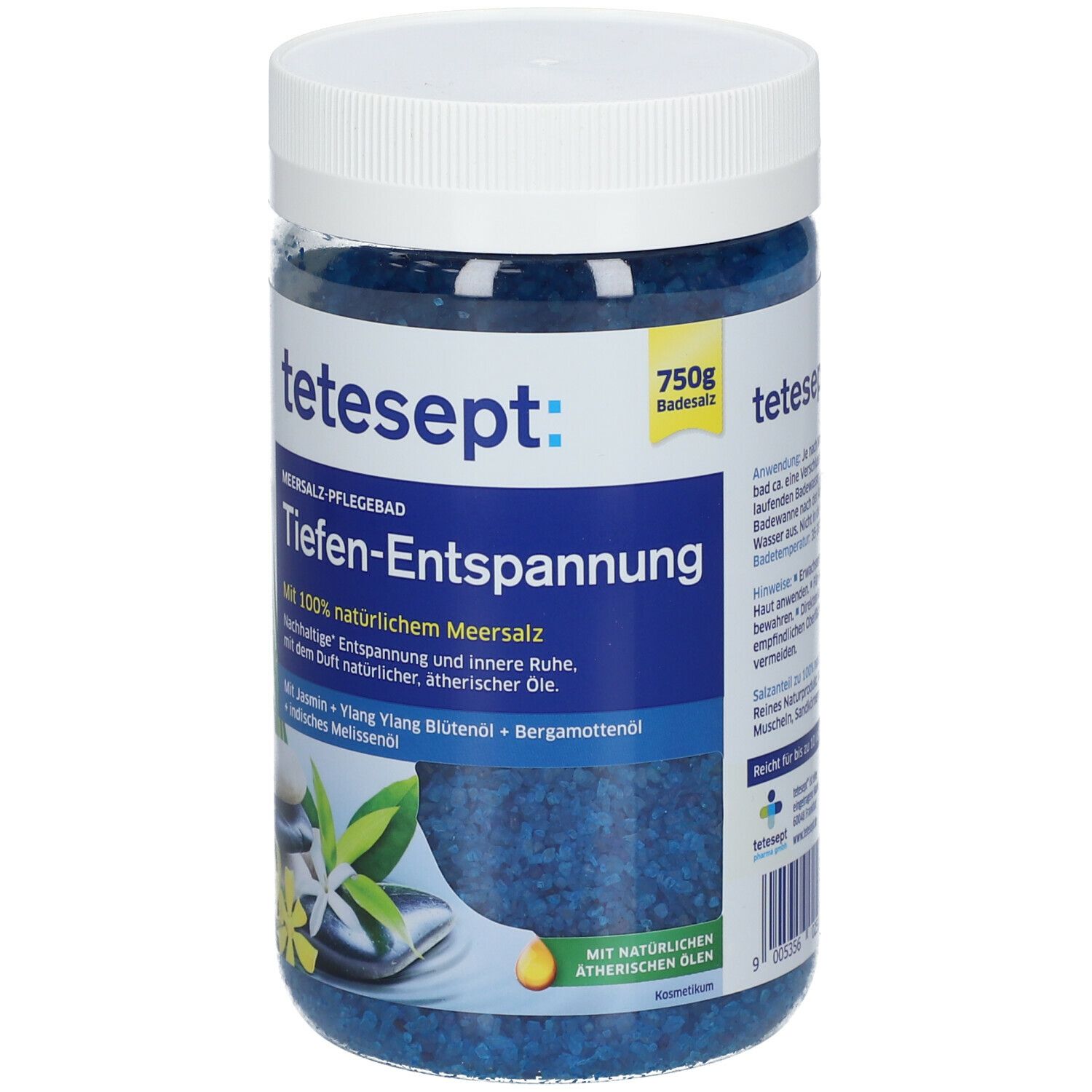tetesept® MEERSALZ-PFLEGEBAD Tiefen-Entspannung en pot. Cristaux de sel de bain bleus. Couvercle blanc. Inscription : 750g de sel de bain.