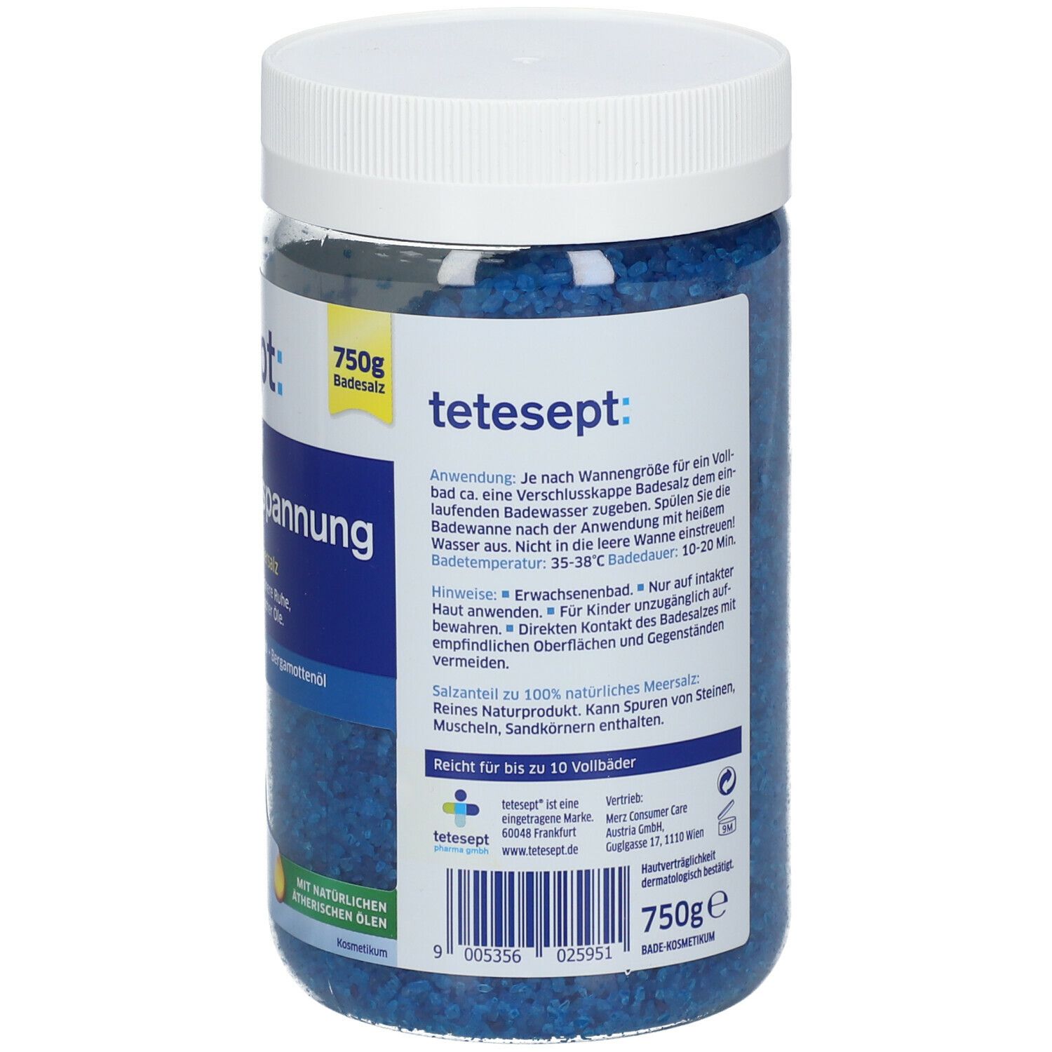 tetesept® MEERSALZ-PFLEGEBAD Tiefen-Entspannung. Pot de sel de bain bleu. Couvercle blanc. Vue arrière avec texte et instructions d'utilisation.