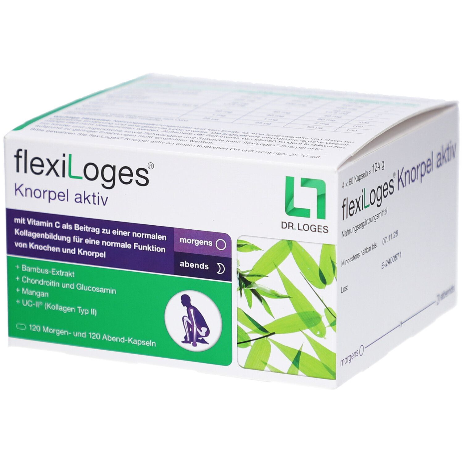 Boîte flexiLoges Knorpel aktiv. Emballage vert et blanc avec informations produit et logo. Contient 120 gélules matin et 120 soir.