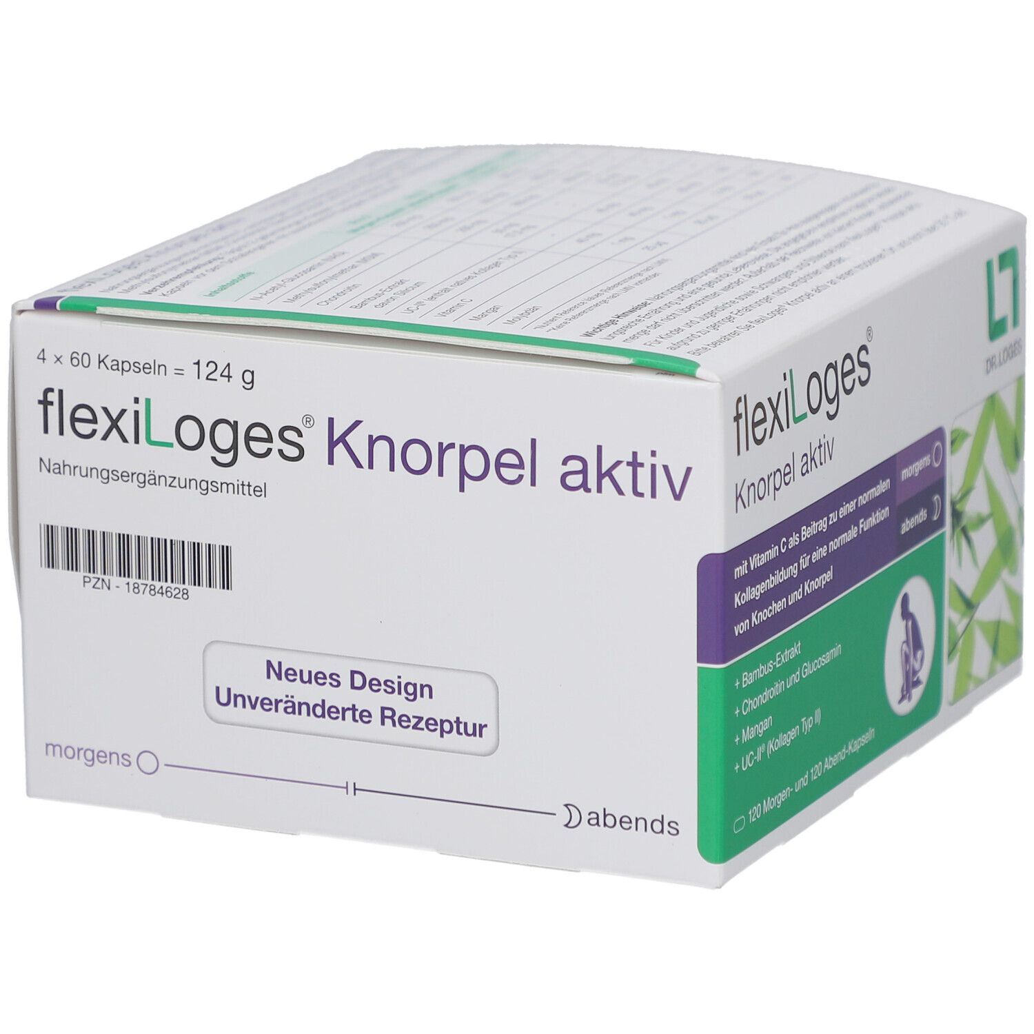 Boîte flexiLoges Knorpel aktiv. Boîte blanche avec accents verts. Contient 4x60 gélules. Inscription : 'Nouveau design, formule inchangée'.